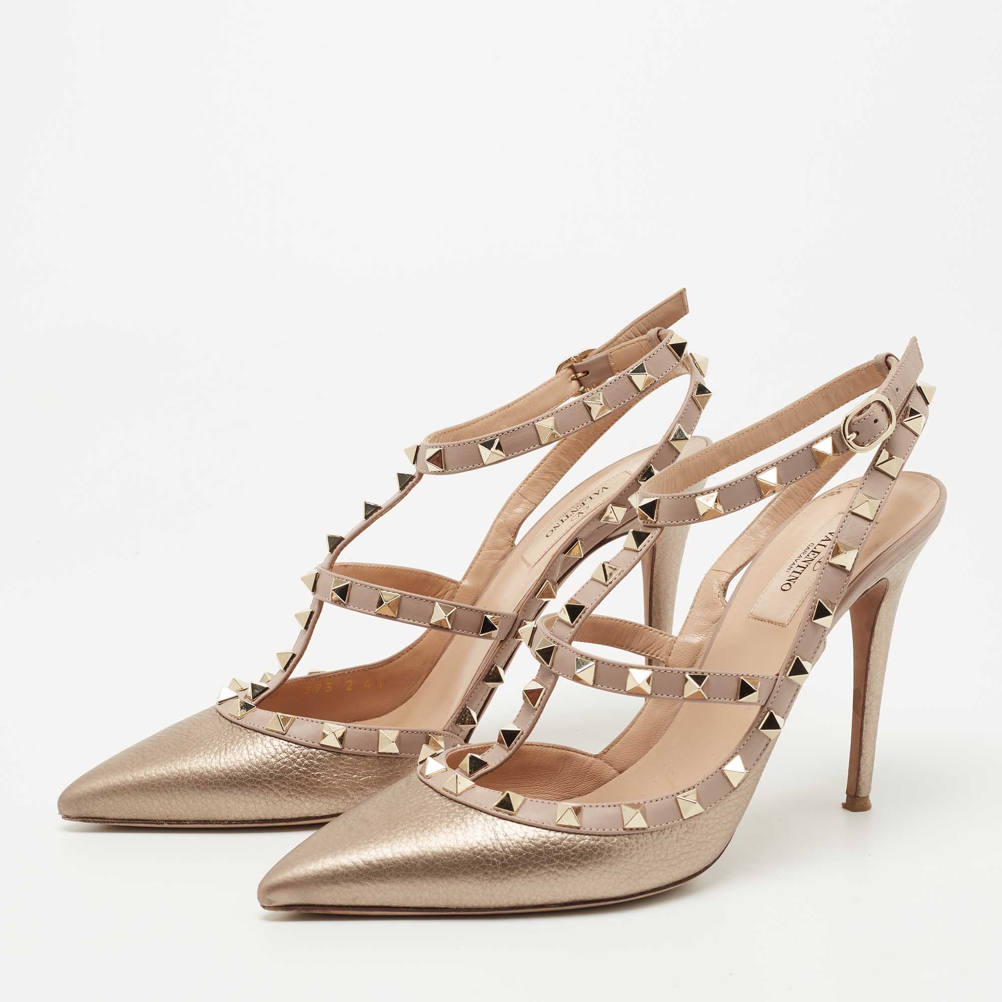 

Valentino Metallic Bronze and Beige Leather Rockstud Caged Pumps Size