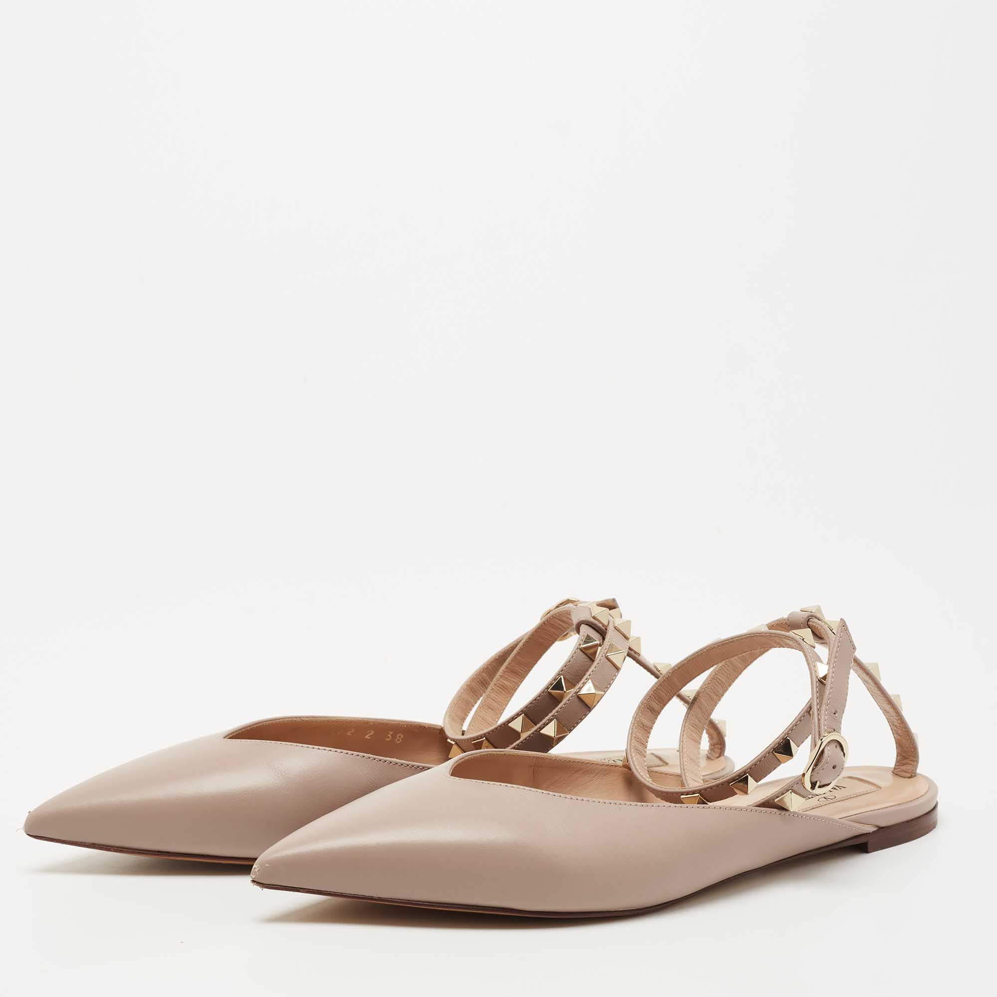 

Valentino Beige Leather Rockstud Ankle Strap Flats Size