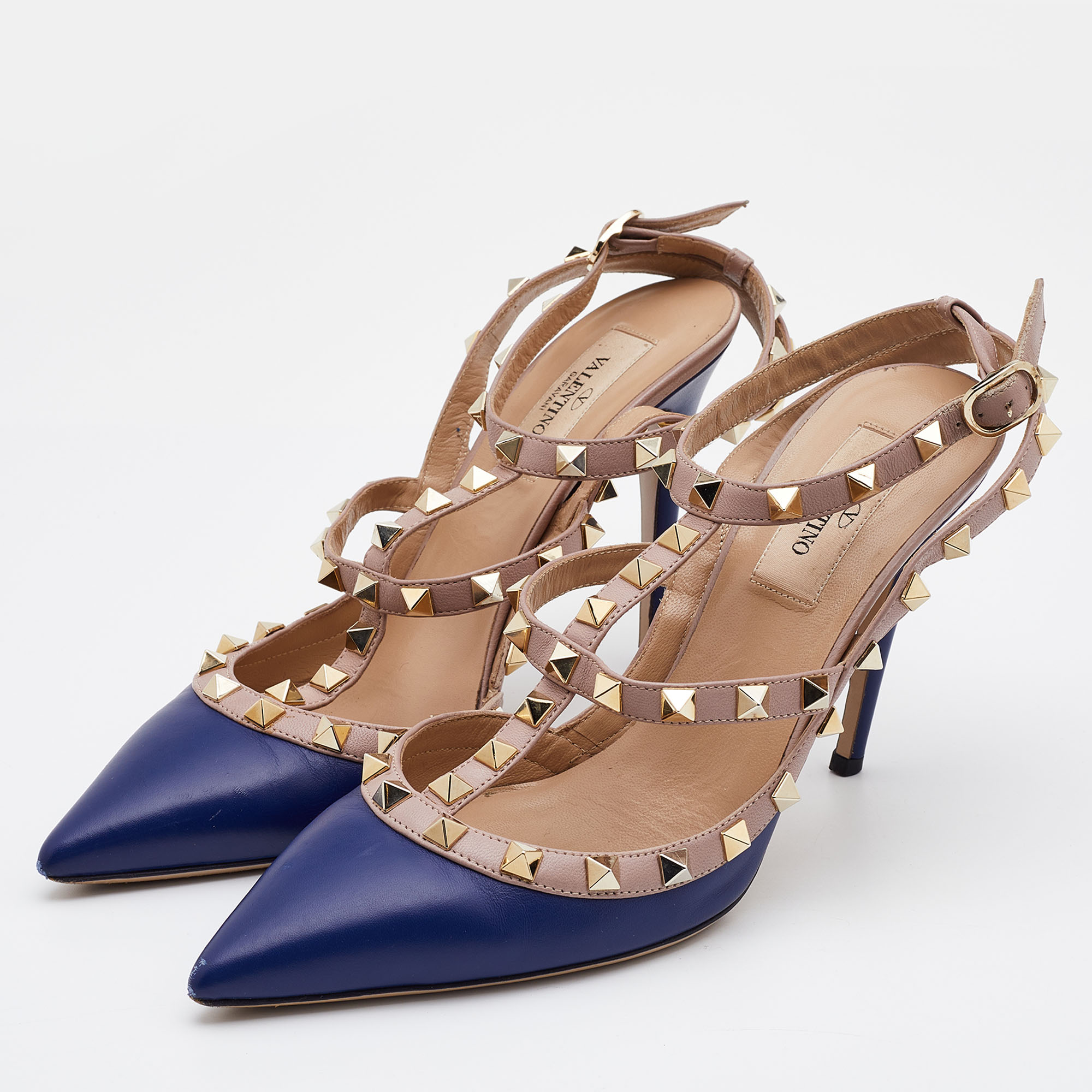

Valentino Blue/Pink Leather Rockstud Pointed Toe Ankle Strap Pumps Size