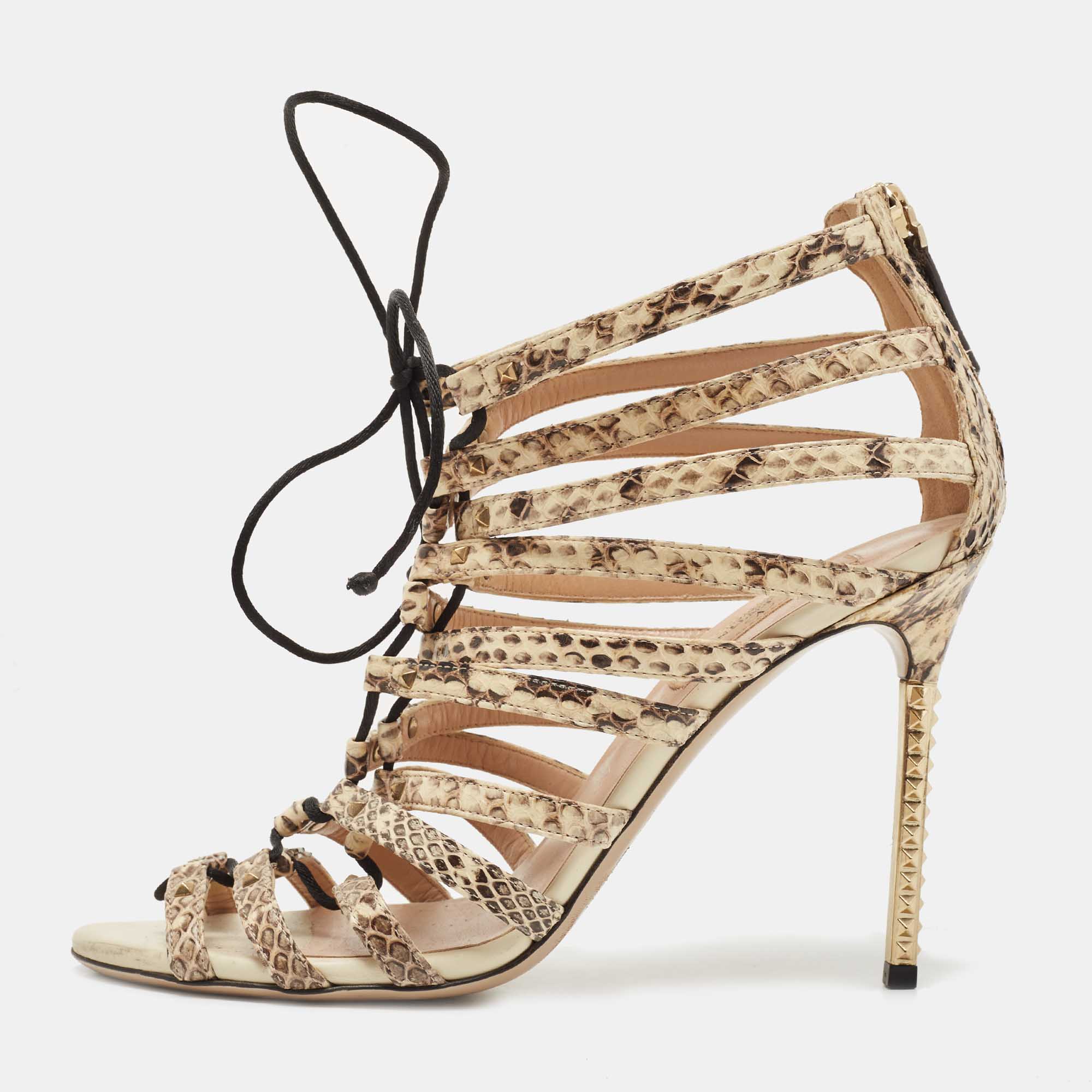 Pre-owned Valentino Garavani Brown/beige Watersnake Rockstud Lace Up Strappy Sandals Size 37.5
