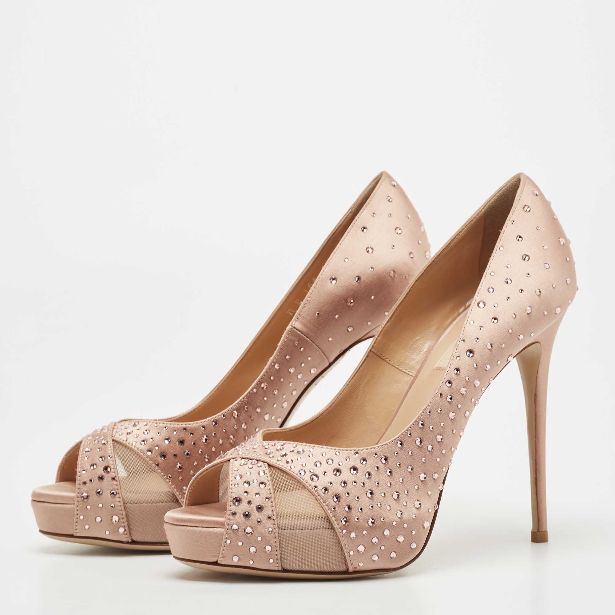

Valentino Pink Satin Crystal Embellished Open Toe Pumps Size