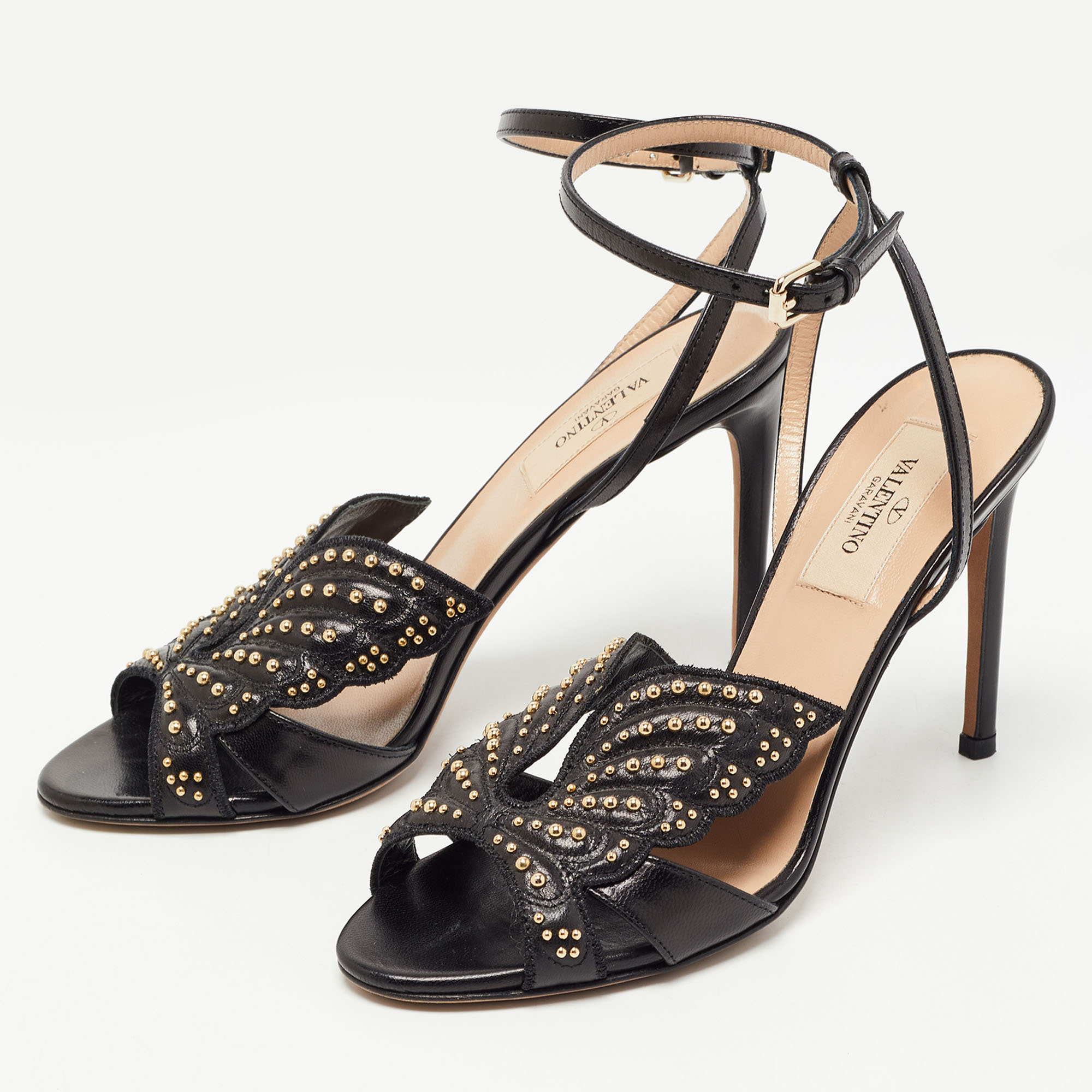 

Valentino Black Leather Studded Ankle Strap Sandals Size