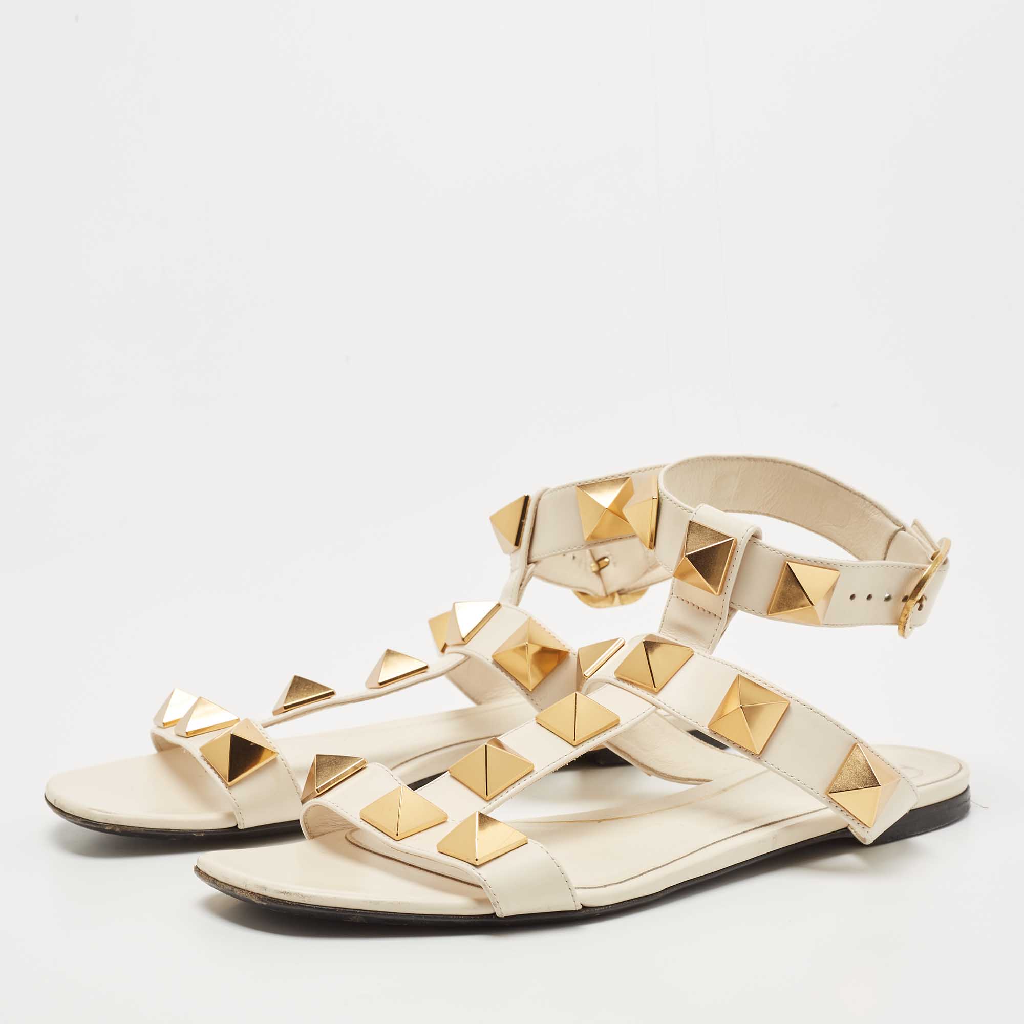 

Valentino Cream Leather Roman Stud Ankle Strap Flats Sandals Size, White