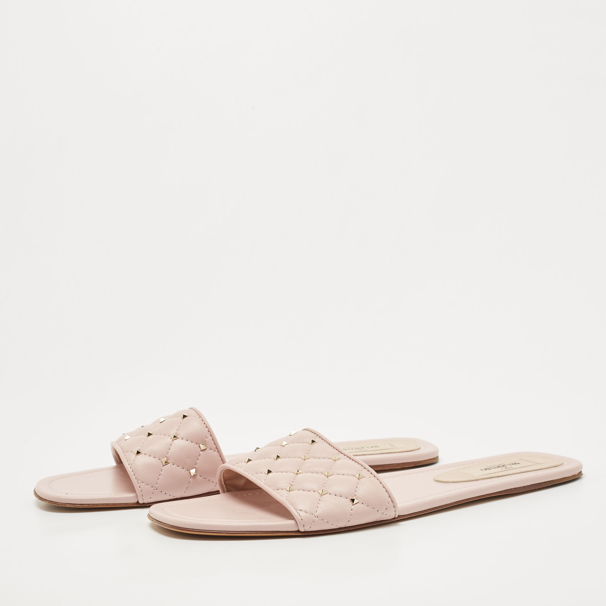 

Valentino Pink Quilted Leather Rockstud Spike Slide Flats Size, Beige