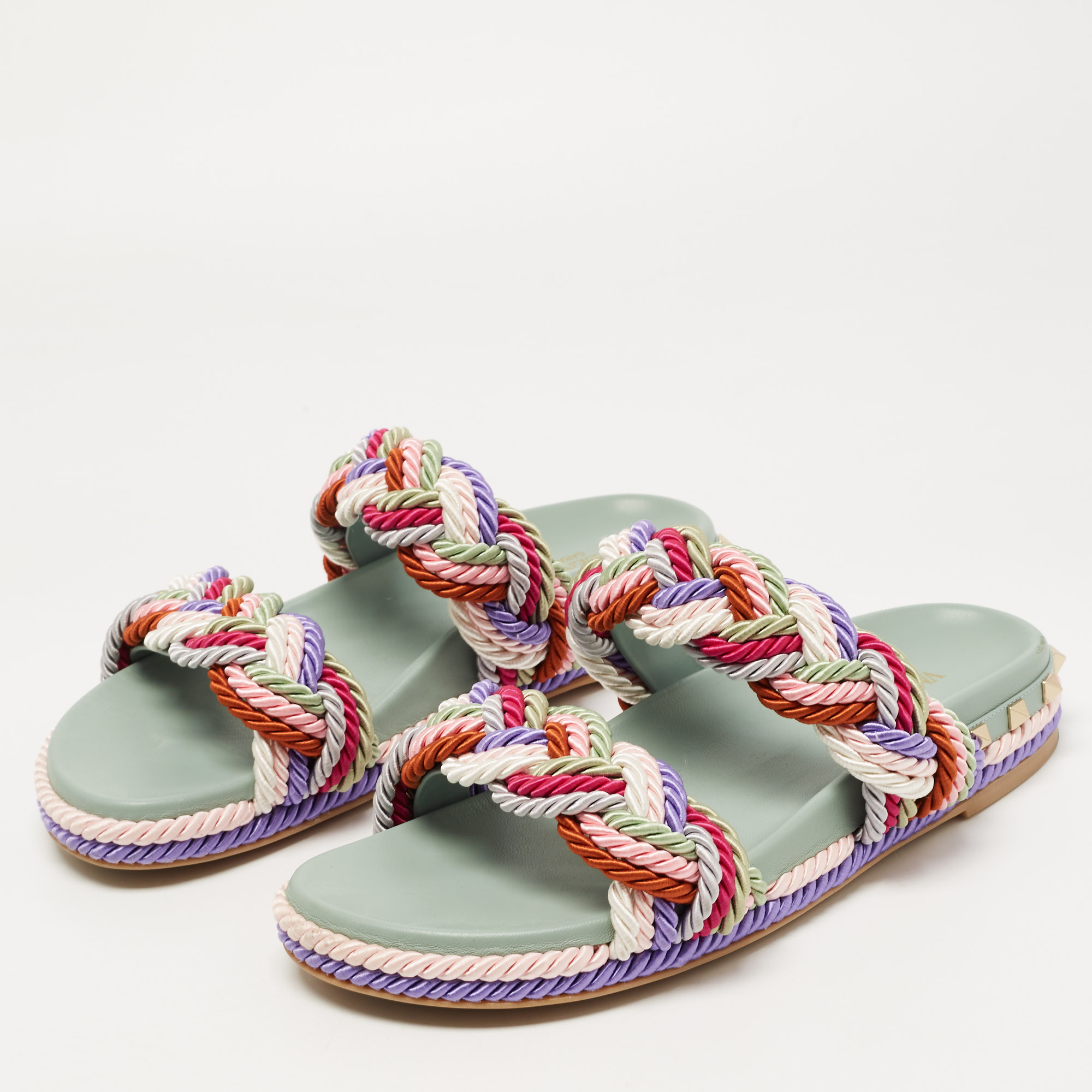

Valentino Multicolor Woven Rope Rockstud Torchon Slides Size