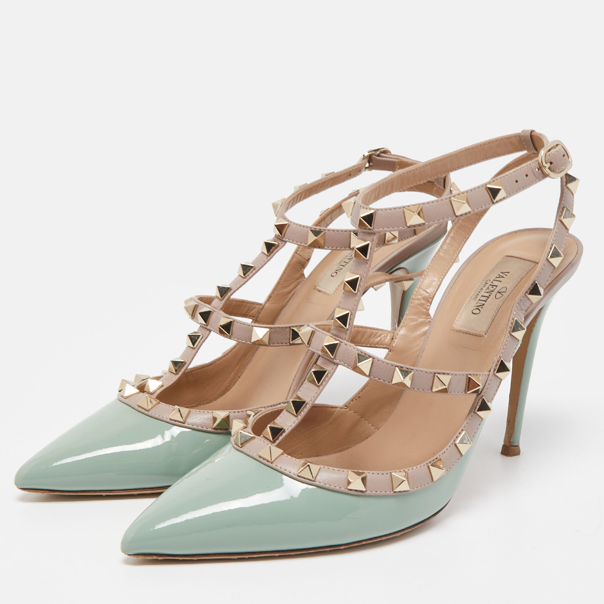 

Valentino Green/Beige Patent and Leather Rockstud Pumps Size