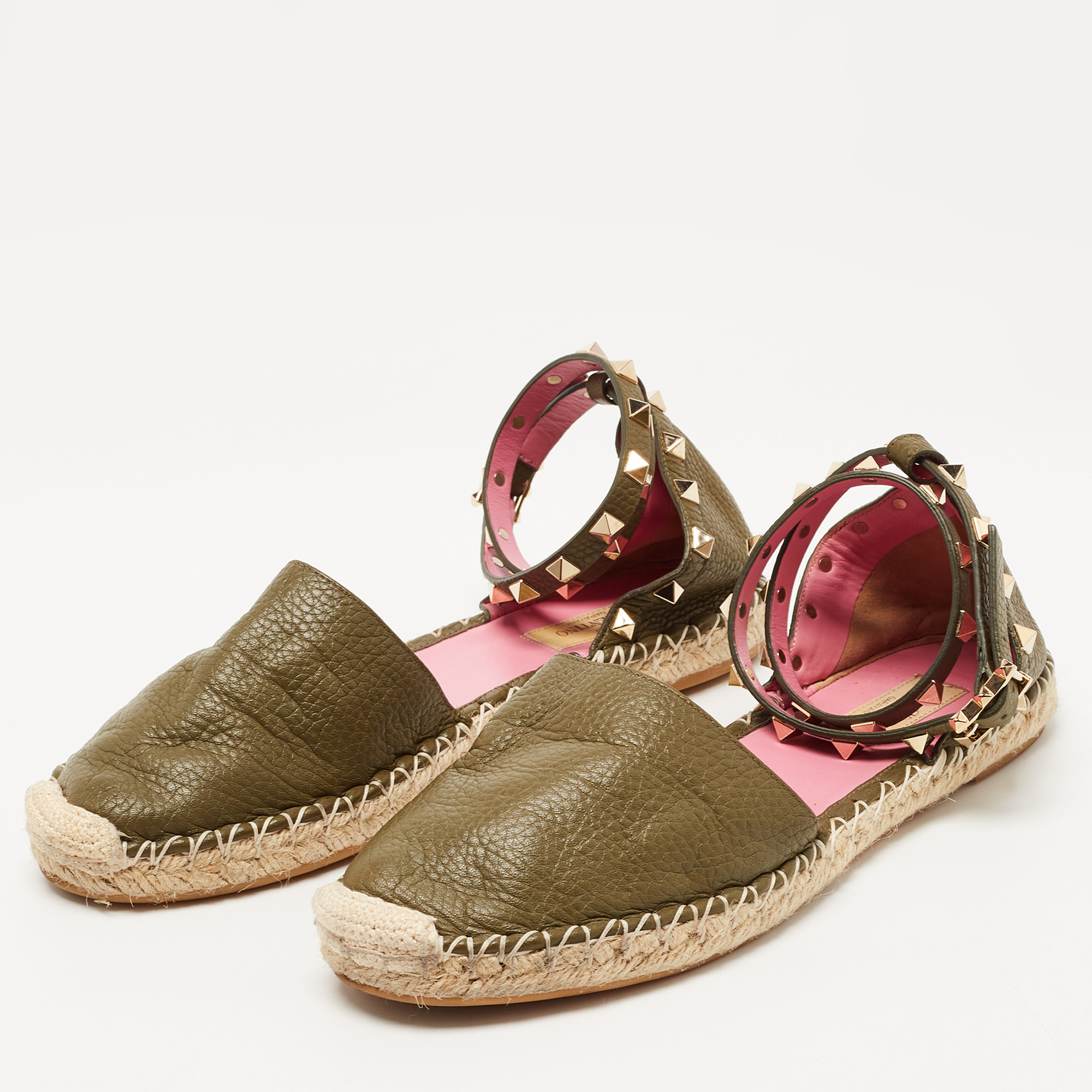 

Valentino Dark Green Leather Rockstud Espadrille Flats Size