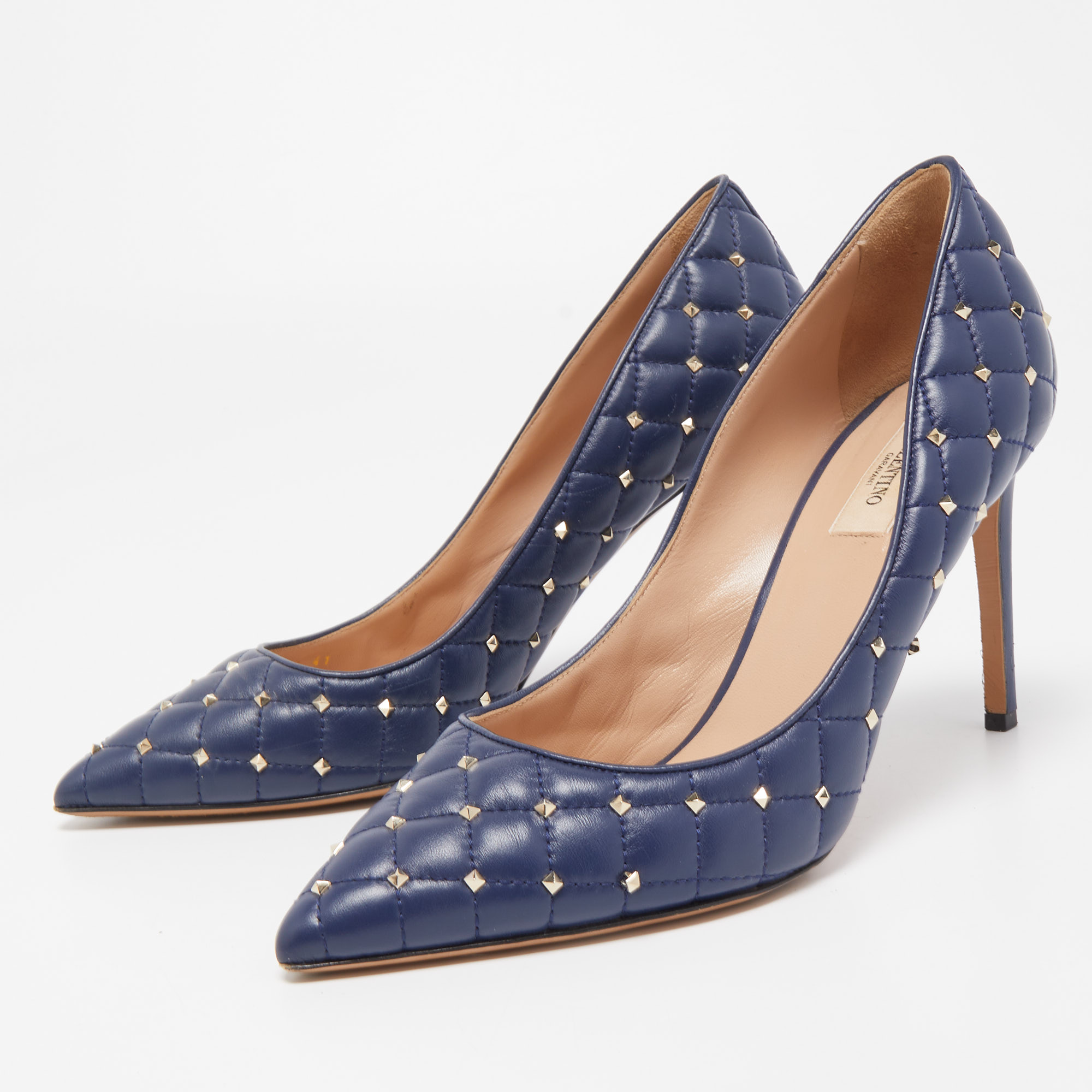 

Valentino Navy Blue Quilted Leather Rockstud Spike Pumps Size