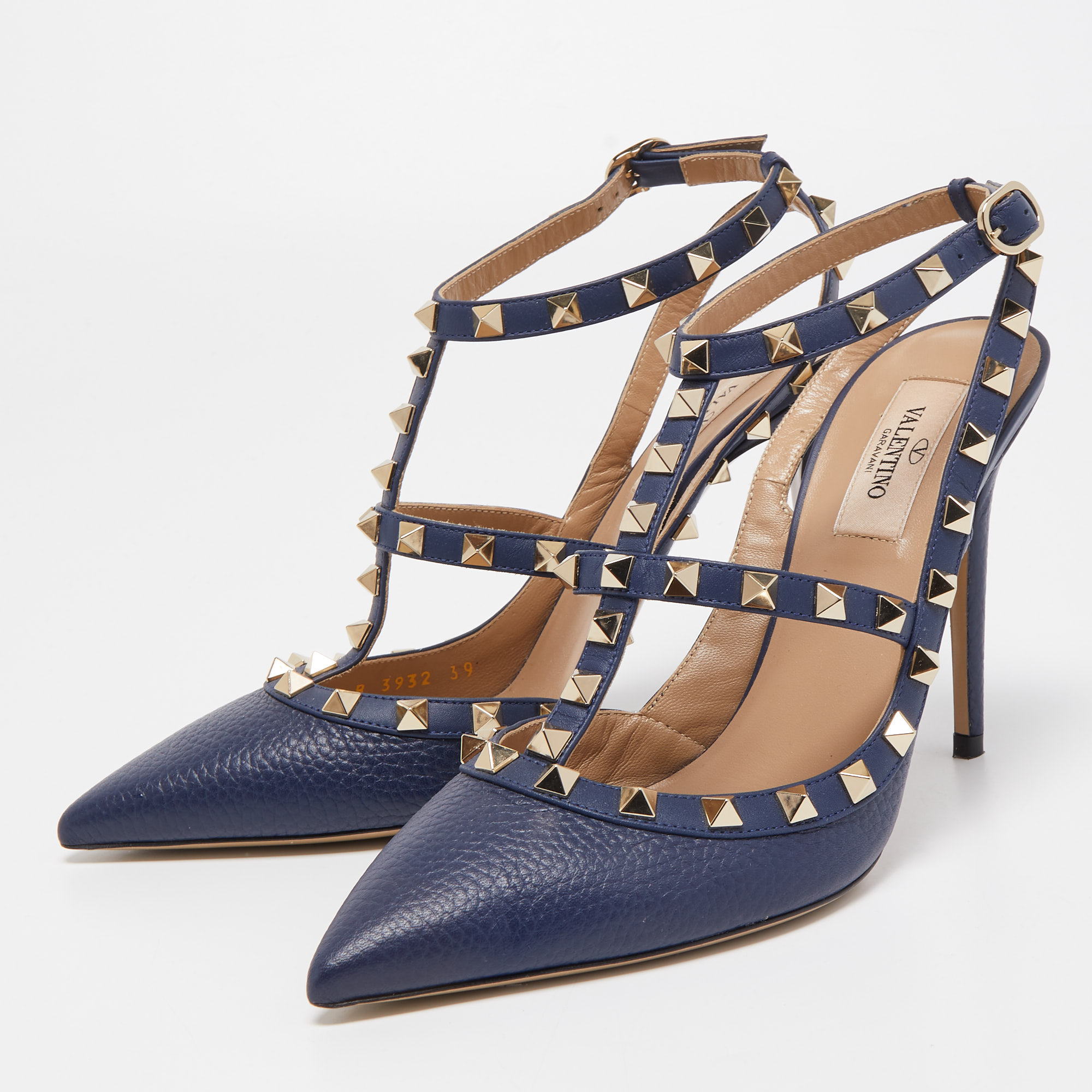 

Valentino Navy Blue Leather Rockstud Ankle Strap Pumps Size