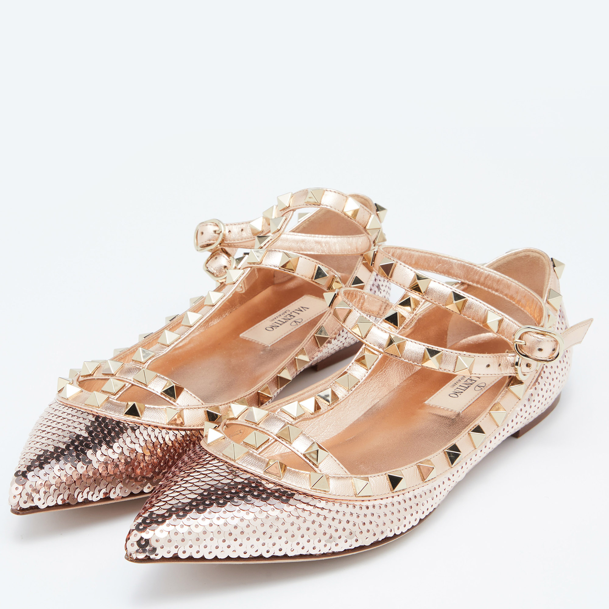 

Valentino Gold Sequins and Leather Rockstud Ballet Flats Size