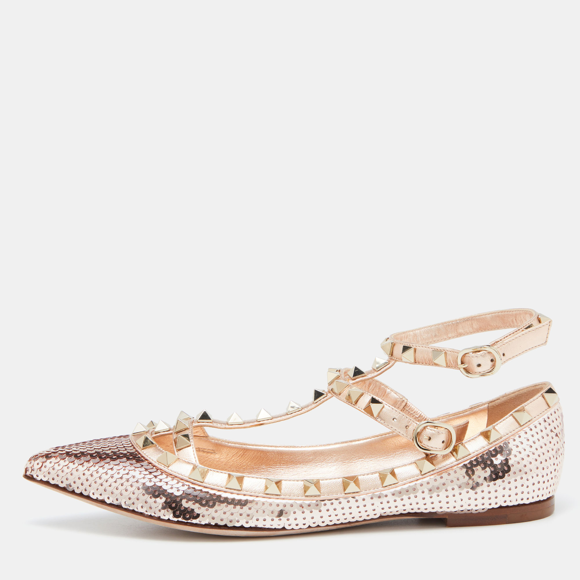 

Valentino Gold Sequins and Leather Rockstud Ballet Flats Size