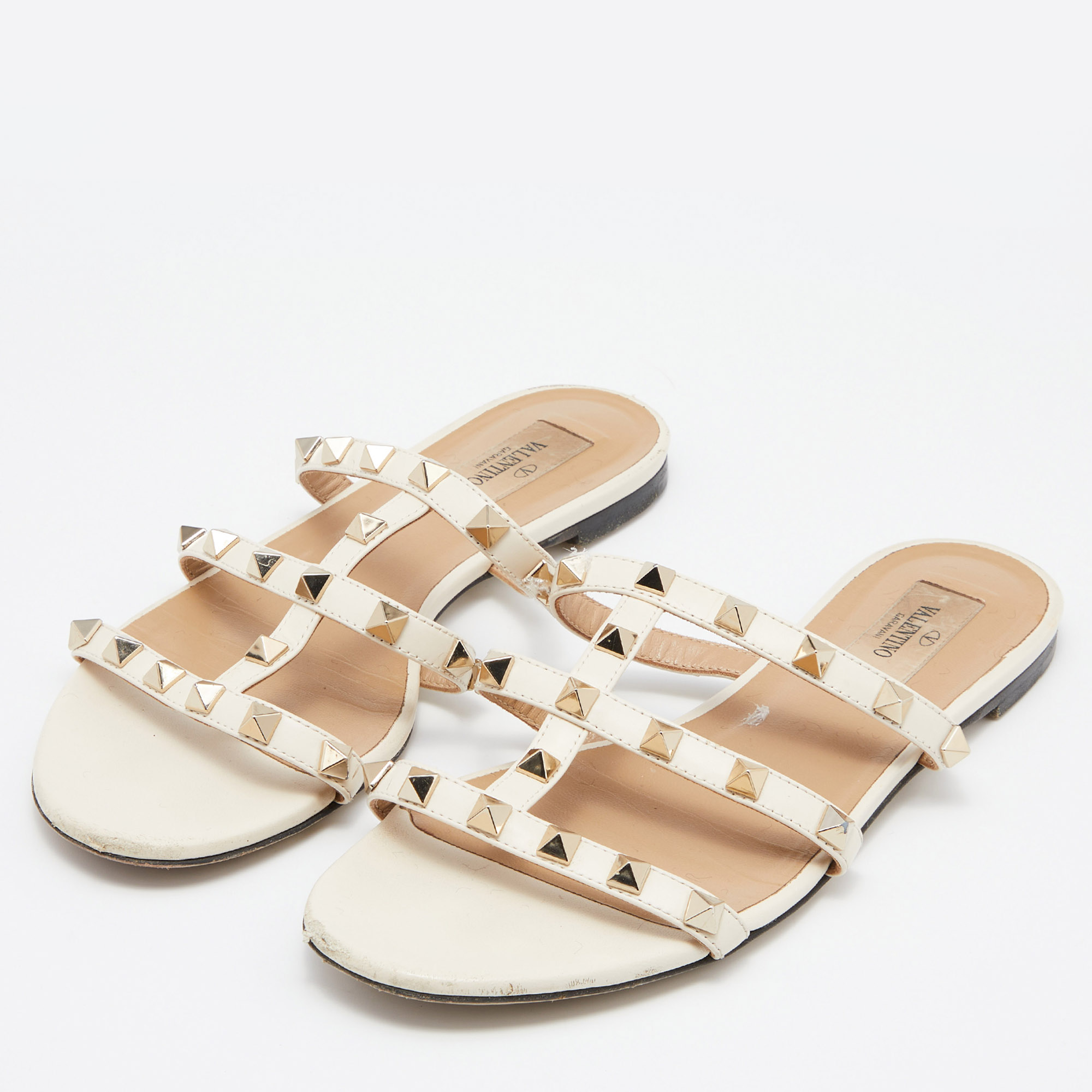 

Valentino White Leather Rockstud Slide Flats Size, Cream