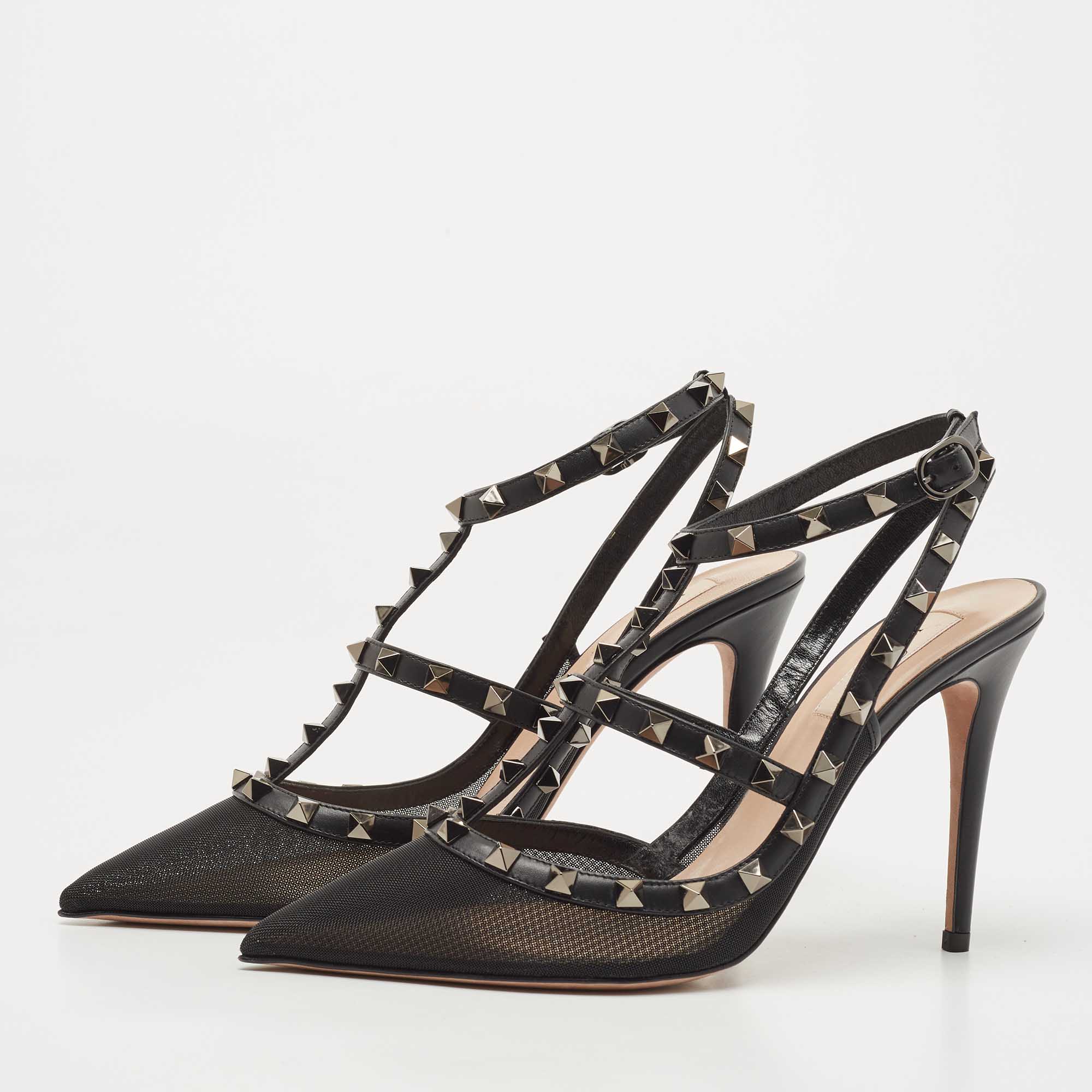 

Valentino Black Mesh and Leather Rockstud Ankle Strap Pumps Size