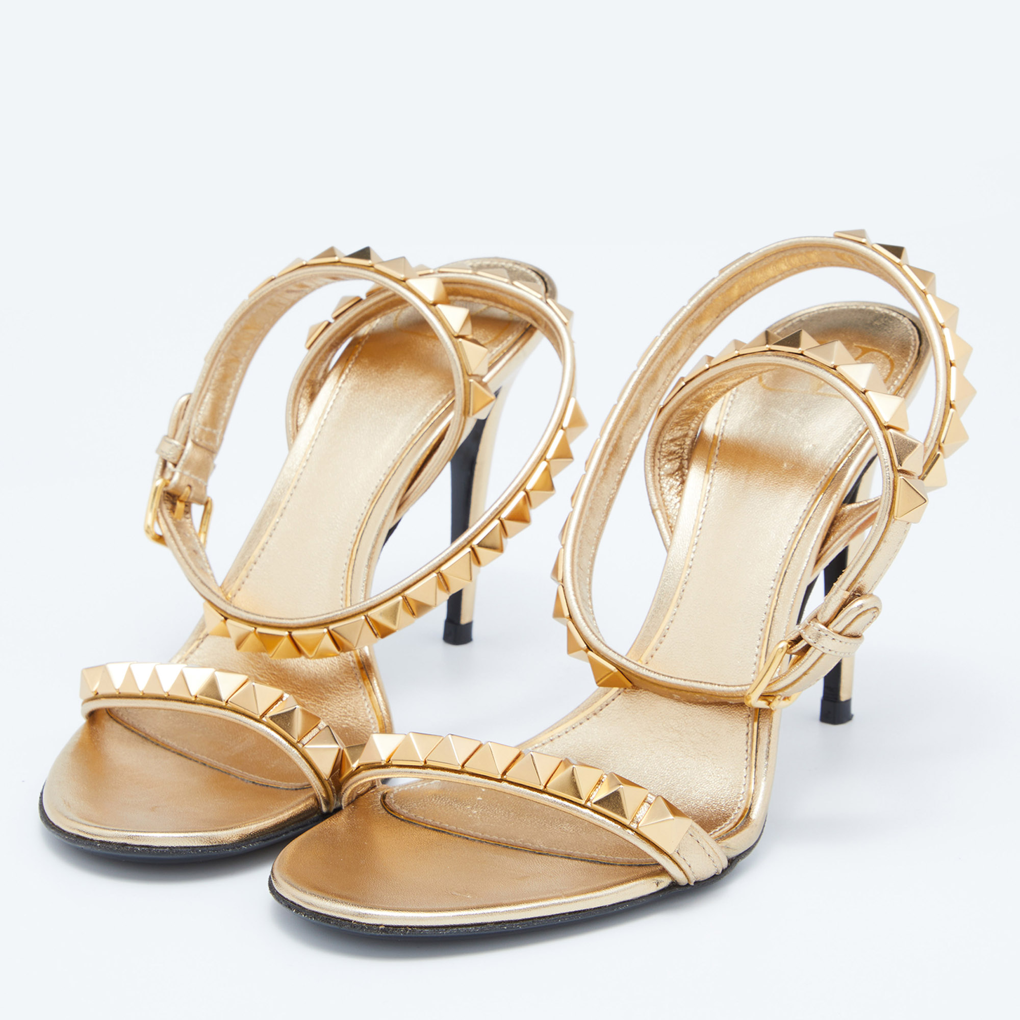 

Valentino Gold Leather Rockstud Ankle Strap Sandals Size