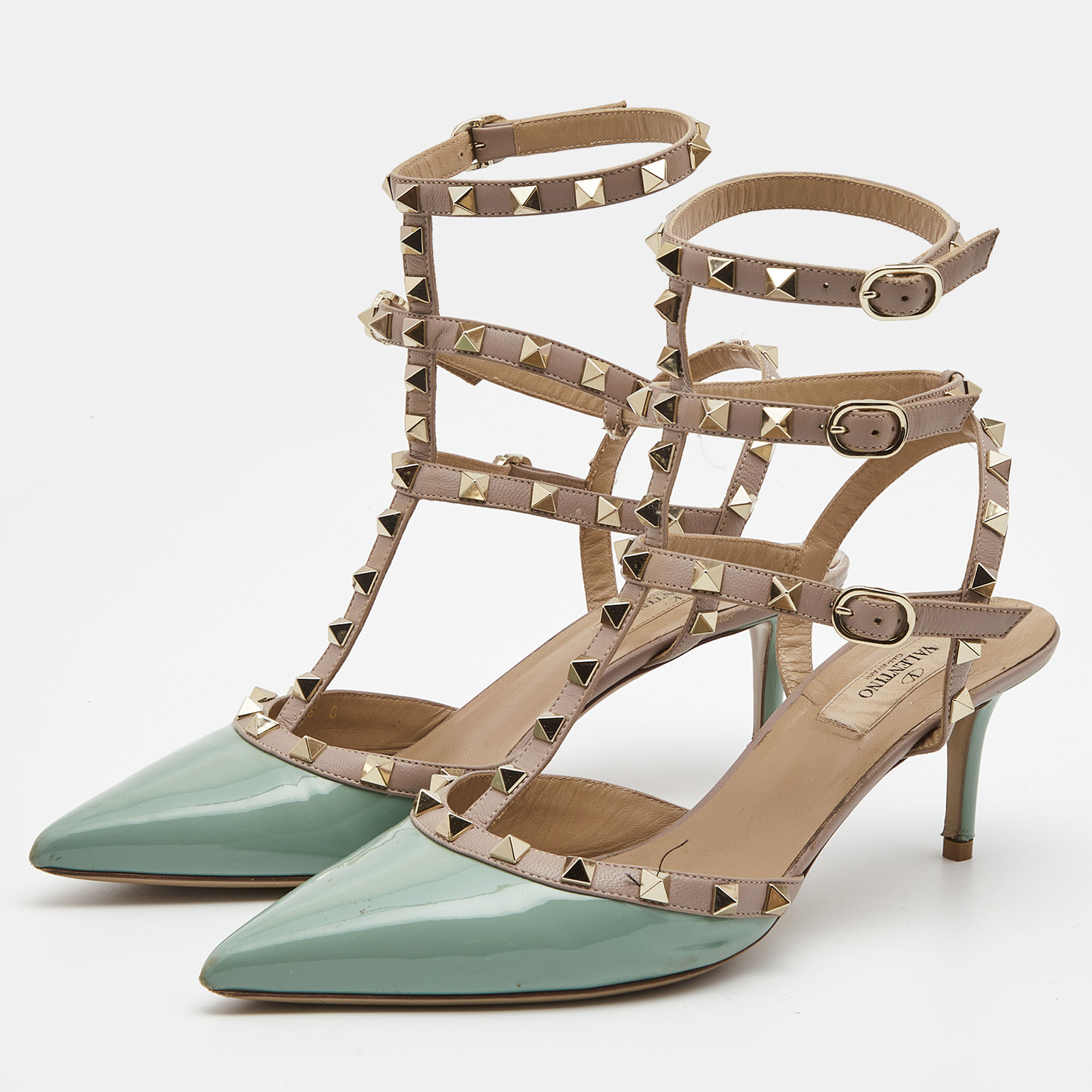 

Valentino Blue/Beige Patent and Leather Rockstud Pumps Size