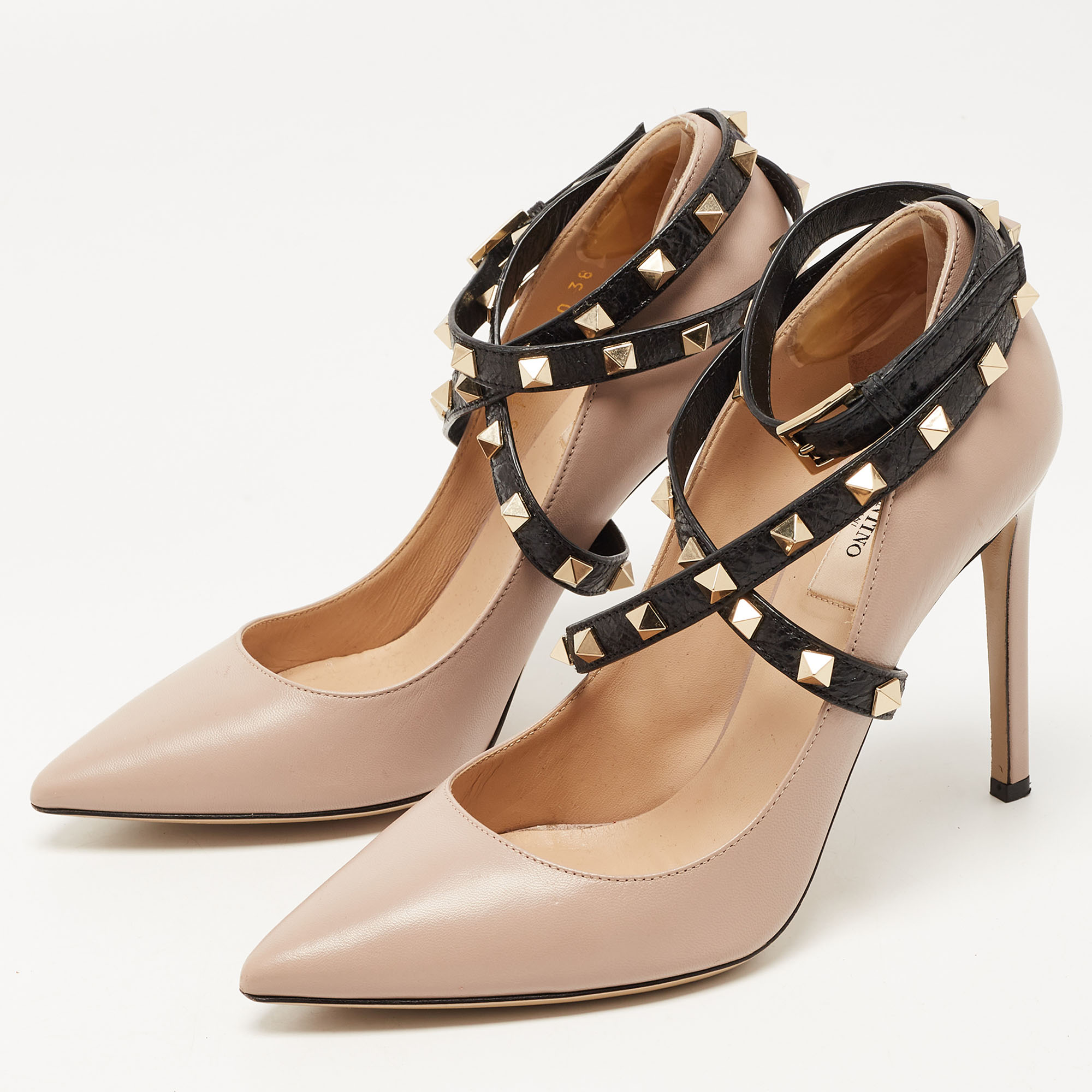 

Valentino Dusty Pink/Black Leather Rockstud Ankle Wrap Pumps Size