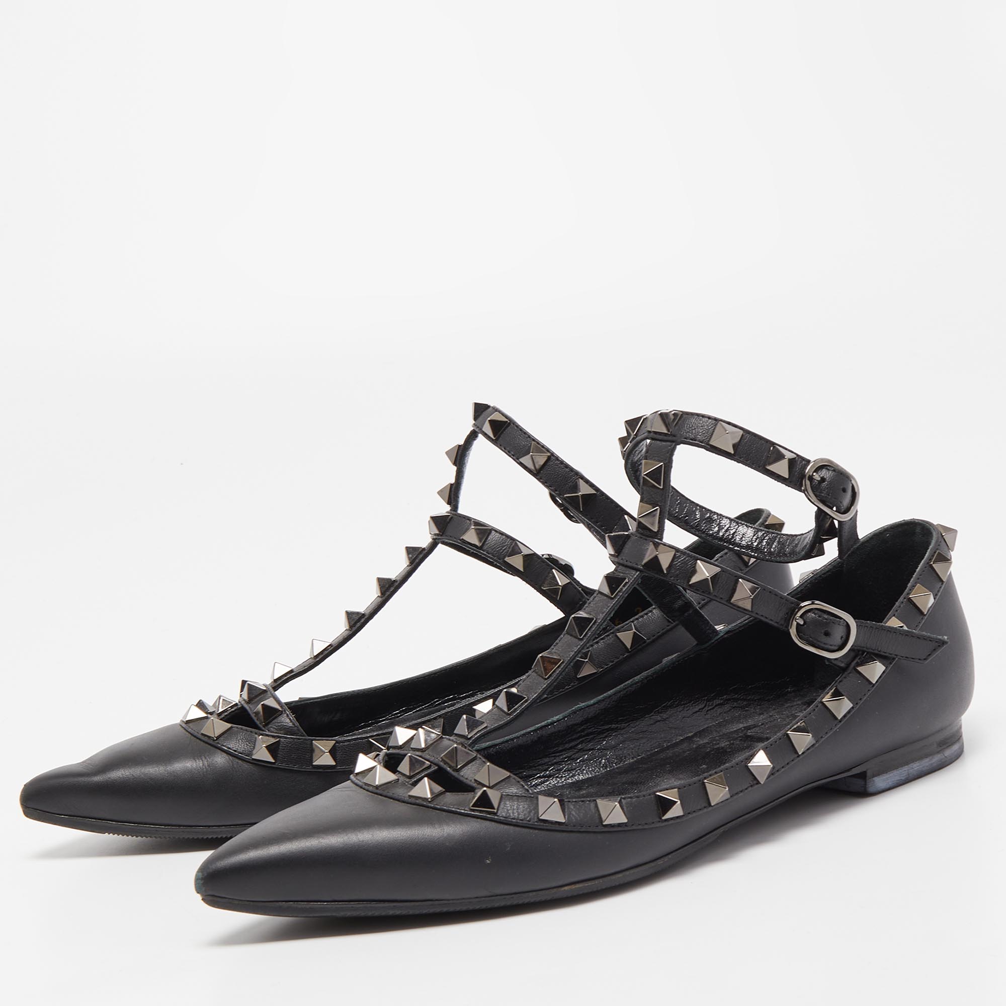 

Valentino Black Leather Rockstud Ankle Strap Ballet Flats Size