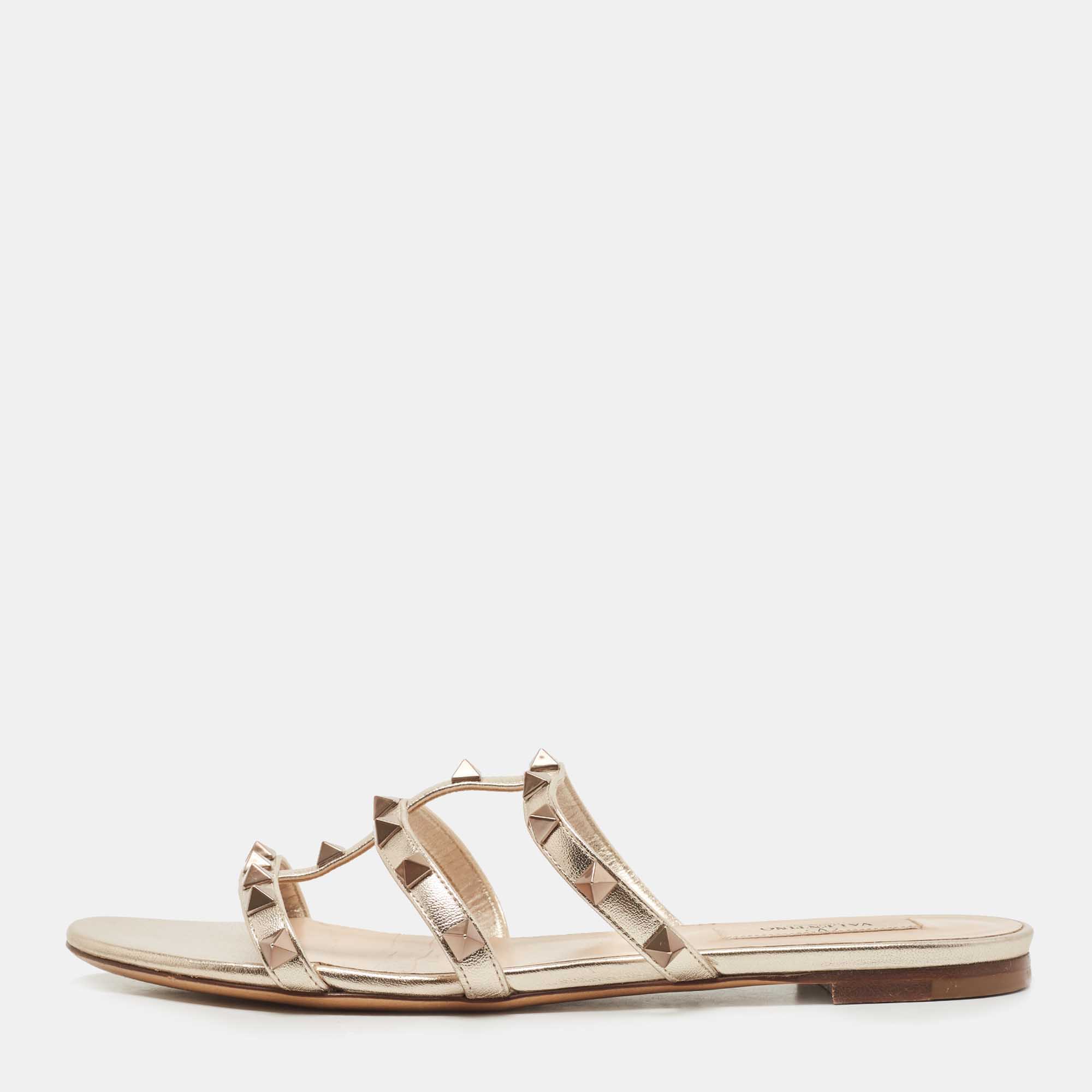 

Valentino Gold Leather Rockstud Flat Slides Size