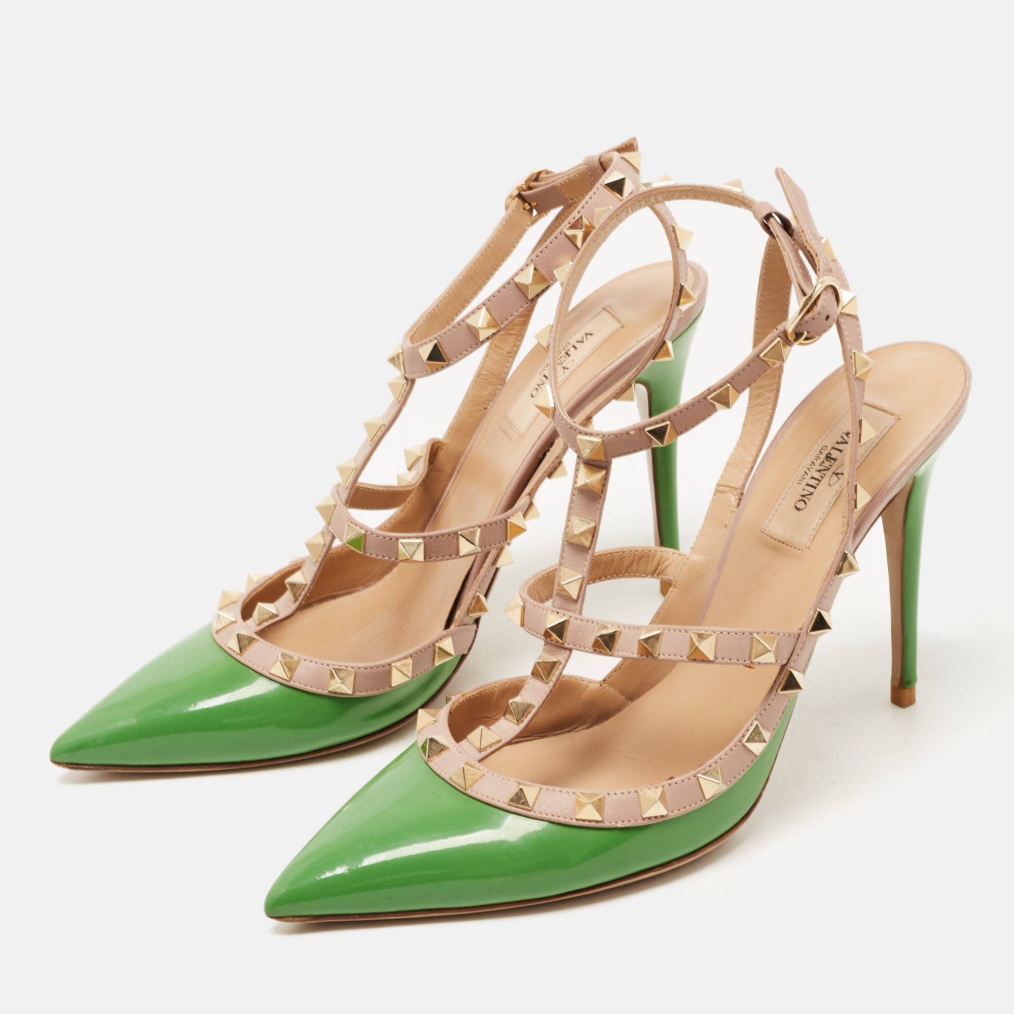 

Valentino Green/Beige Patent and Leather Rockstud Pumps Size