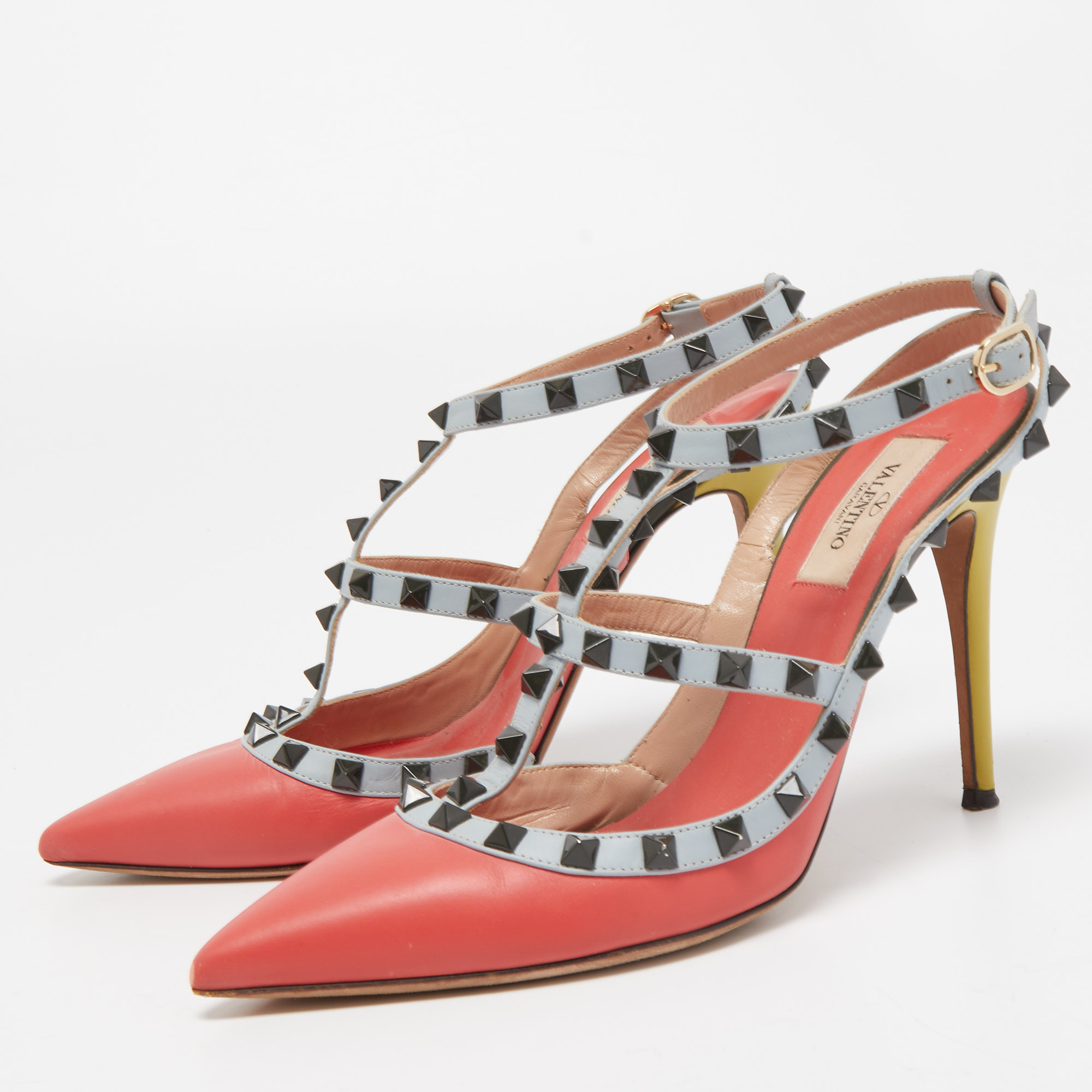 

Valentino Multicolor Leather Rockstud Ankle Strap Pumps Size