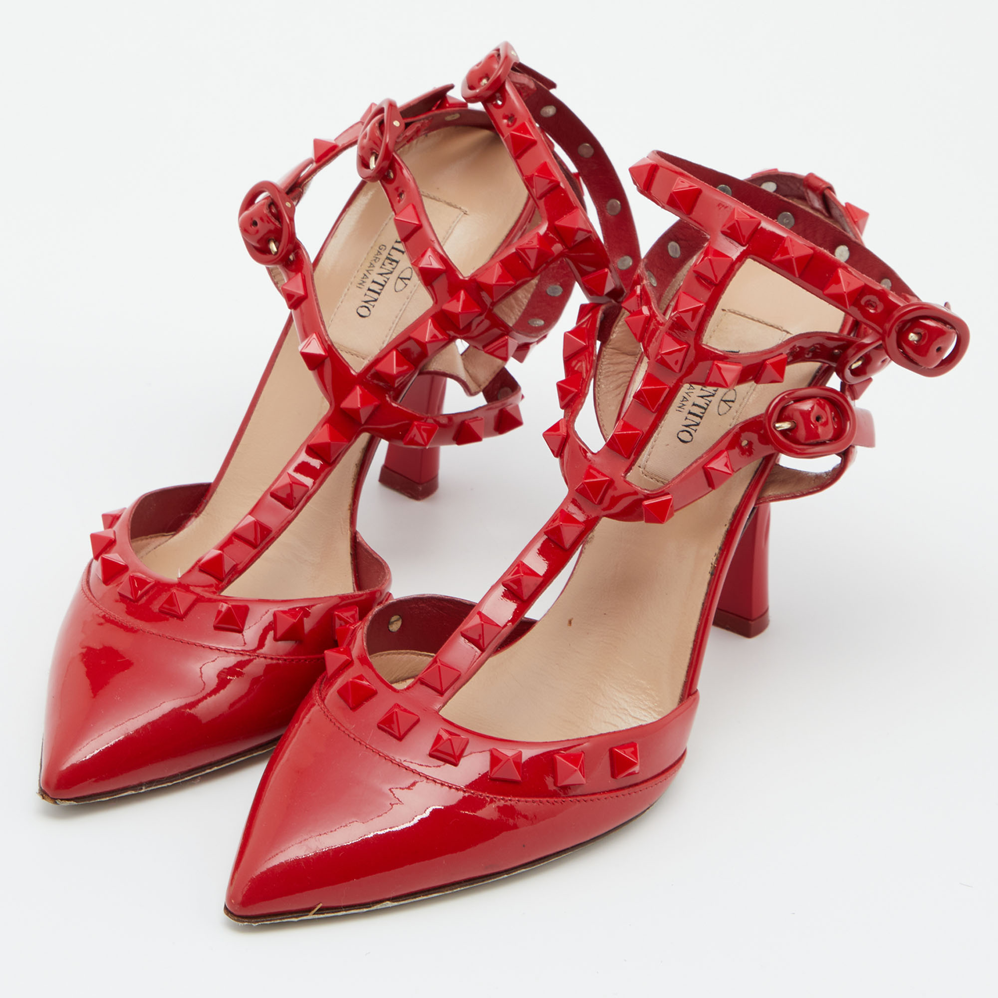 

Valentino Red Patent Leather Rockstud Ankle Strap Pumps Size