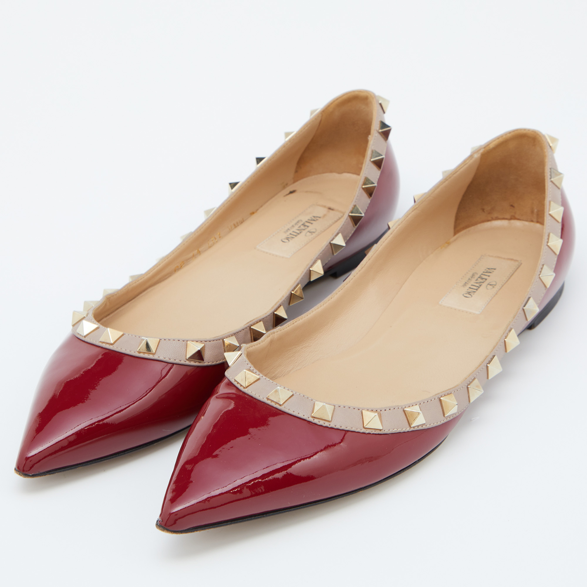 

Valentino Red/Pink Patent Leather Rockstud Pointed Toe Ballet Flats Size
