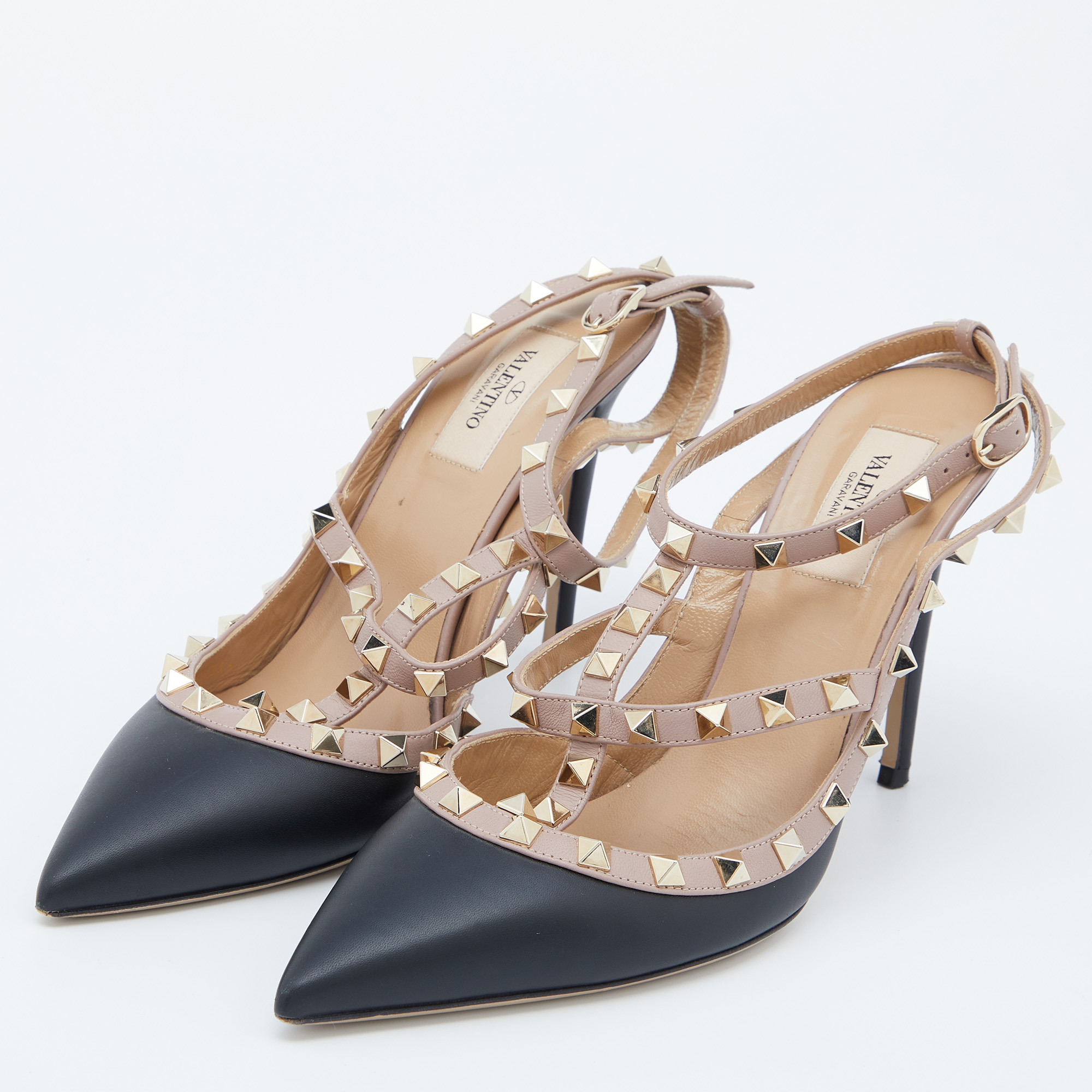 

Valentino Black/Pink Leather Rockstud Ankle Strap Pumps Size