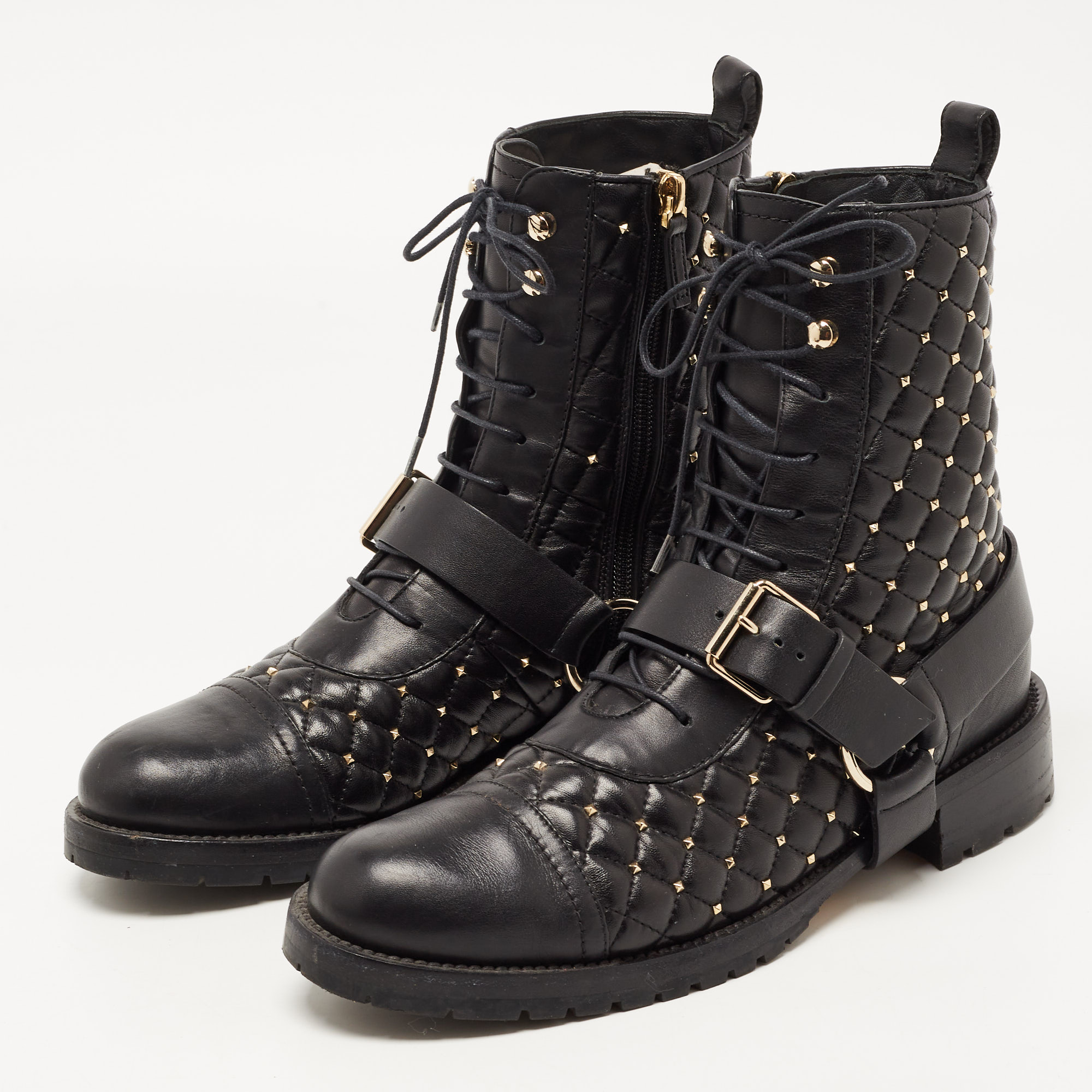 

Valentino Black Quilted Leather Rockstud Buckle Details Ankle Boots Size