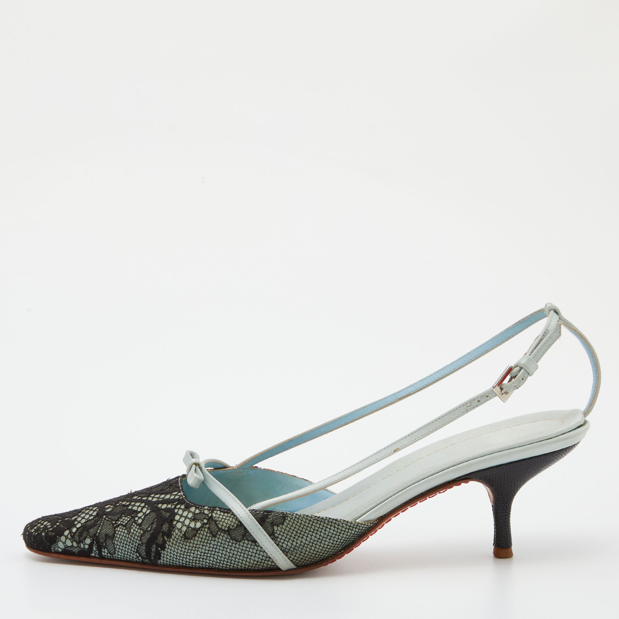 

Valentino Black/Green Lace and Satin Bow Slingback Pumps Size