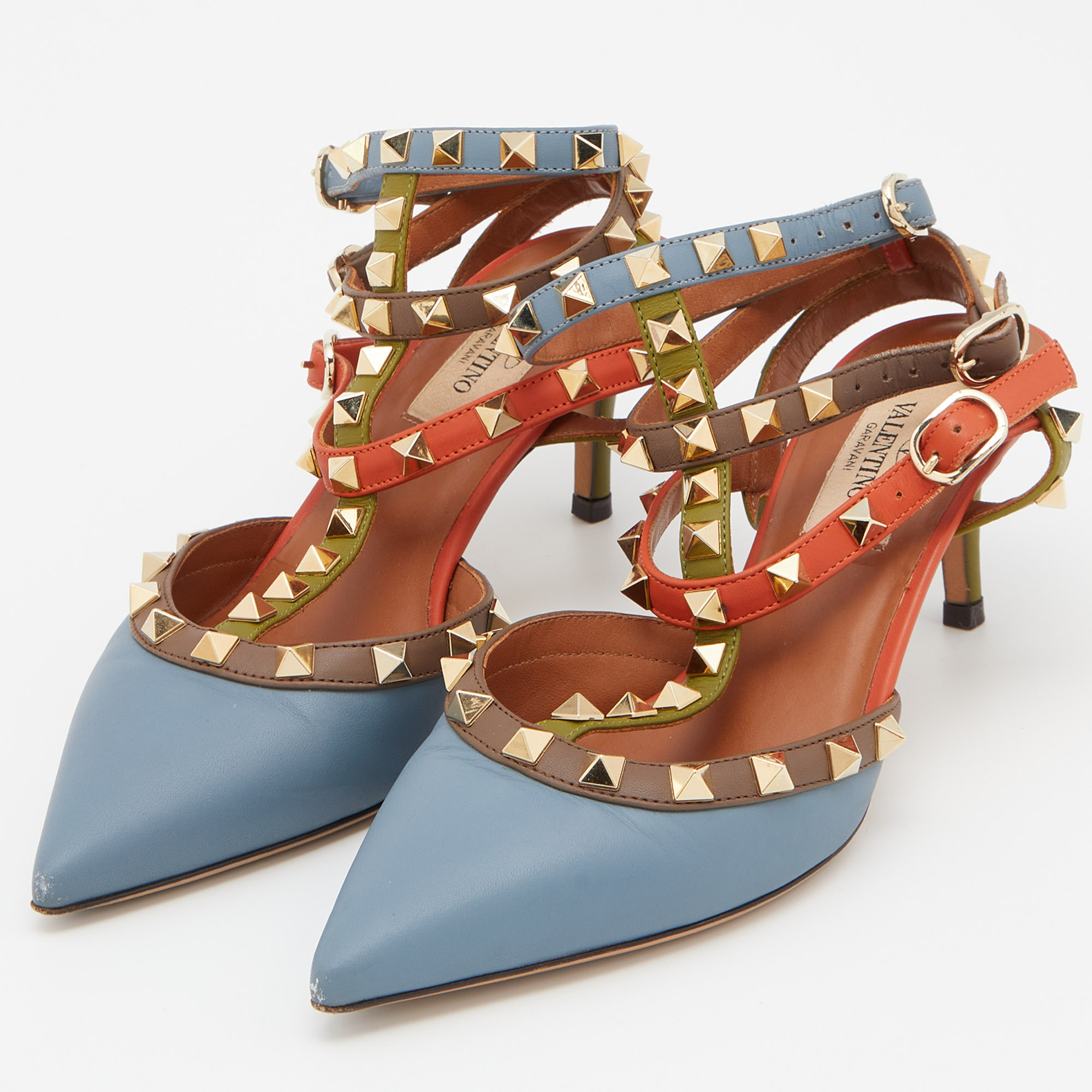 

Valentino Multicolor Leather Rockstud Ankle Strap Pumps Size