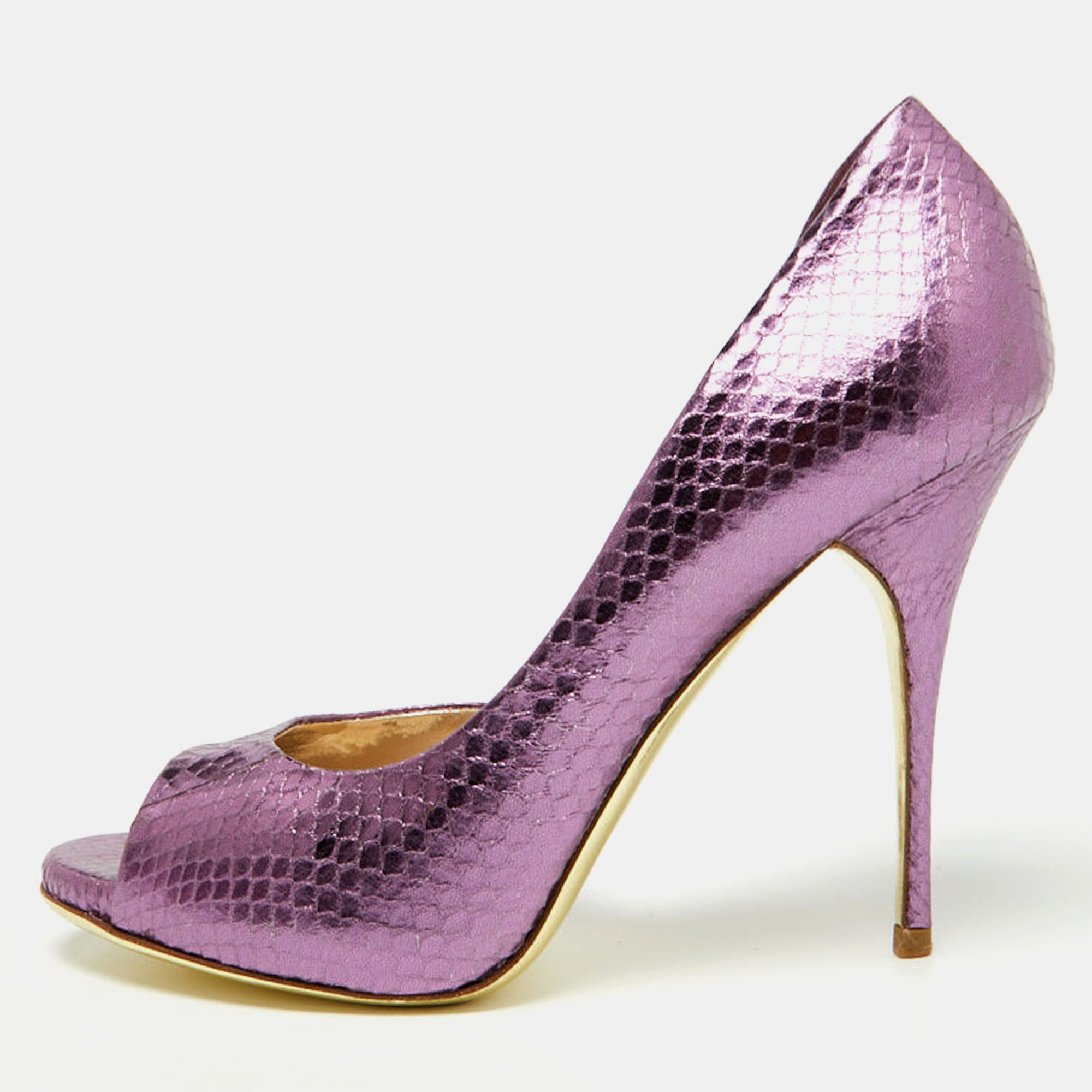 Pre-owned Valentino Garavani Metallic Purple Embossed Snakeskin Open Toe D'orsay Pumps Size 36.5