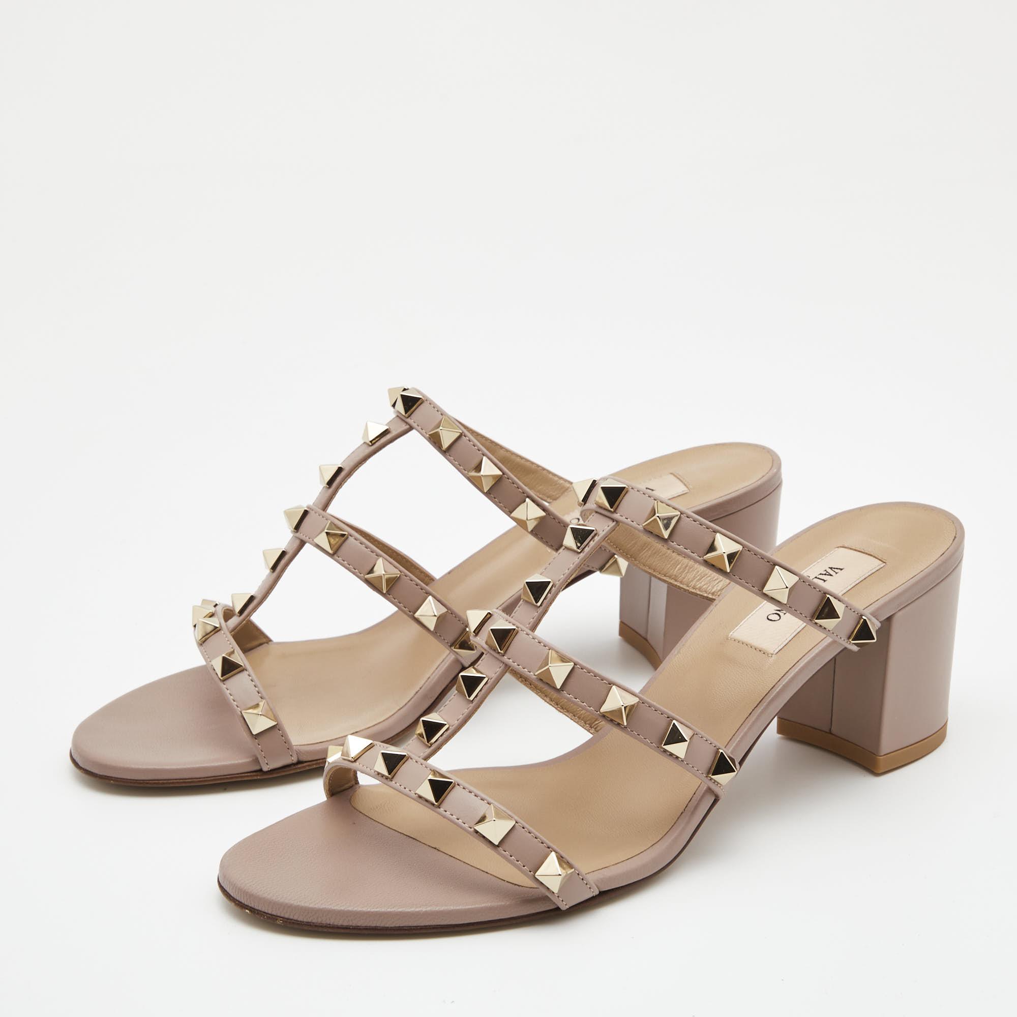 

Valentino Pink Leather Rockstud Strappy Block Heel Sandals Size