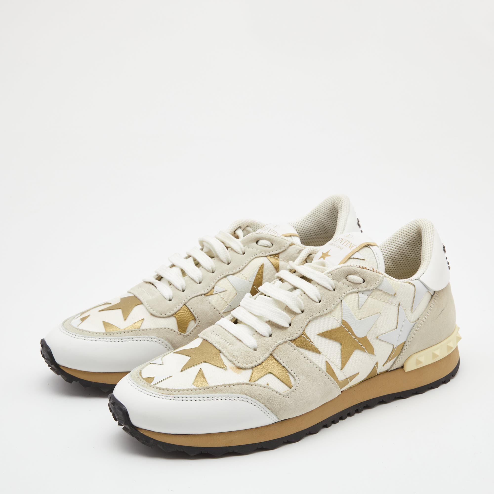

Valentino Two Tone Canvas and Leather Camustars Rockrunner Sneakers Size, White