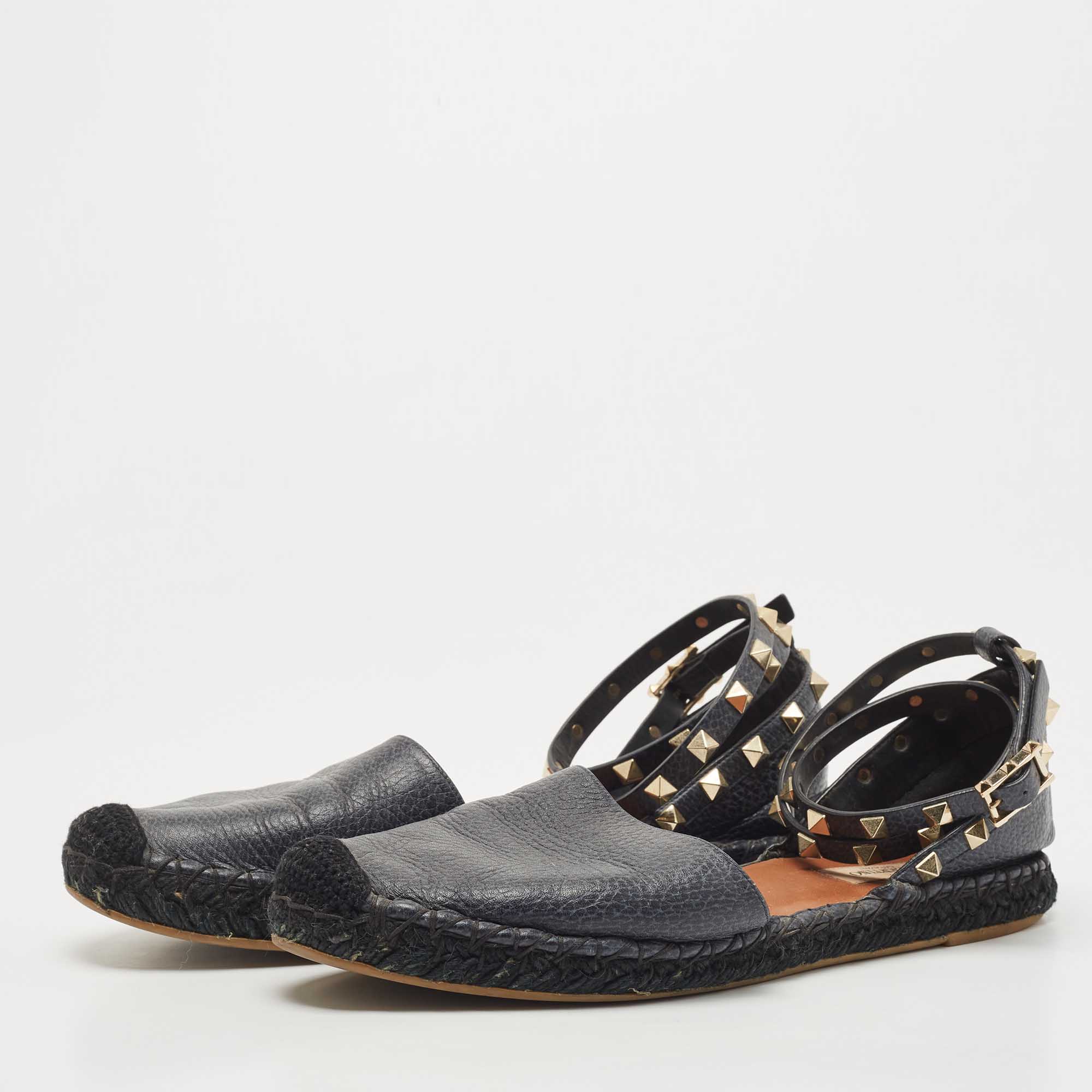 

Valentino Black Leather Rockstud Flat Espadrilles Size