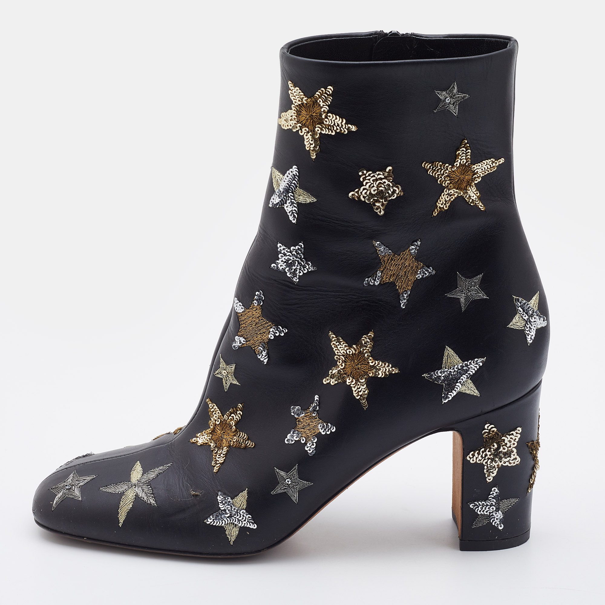 

Valentino Black Leather Embroidered Sequin/Stars Ankle Length Boots Size