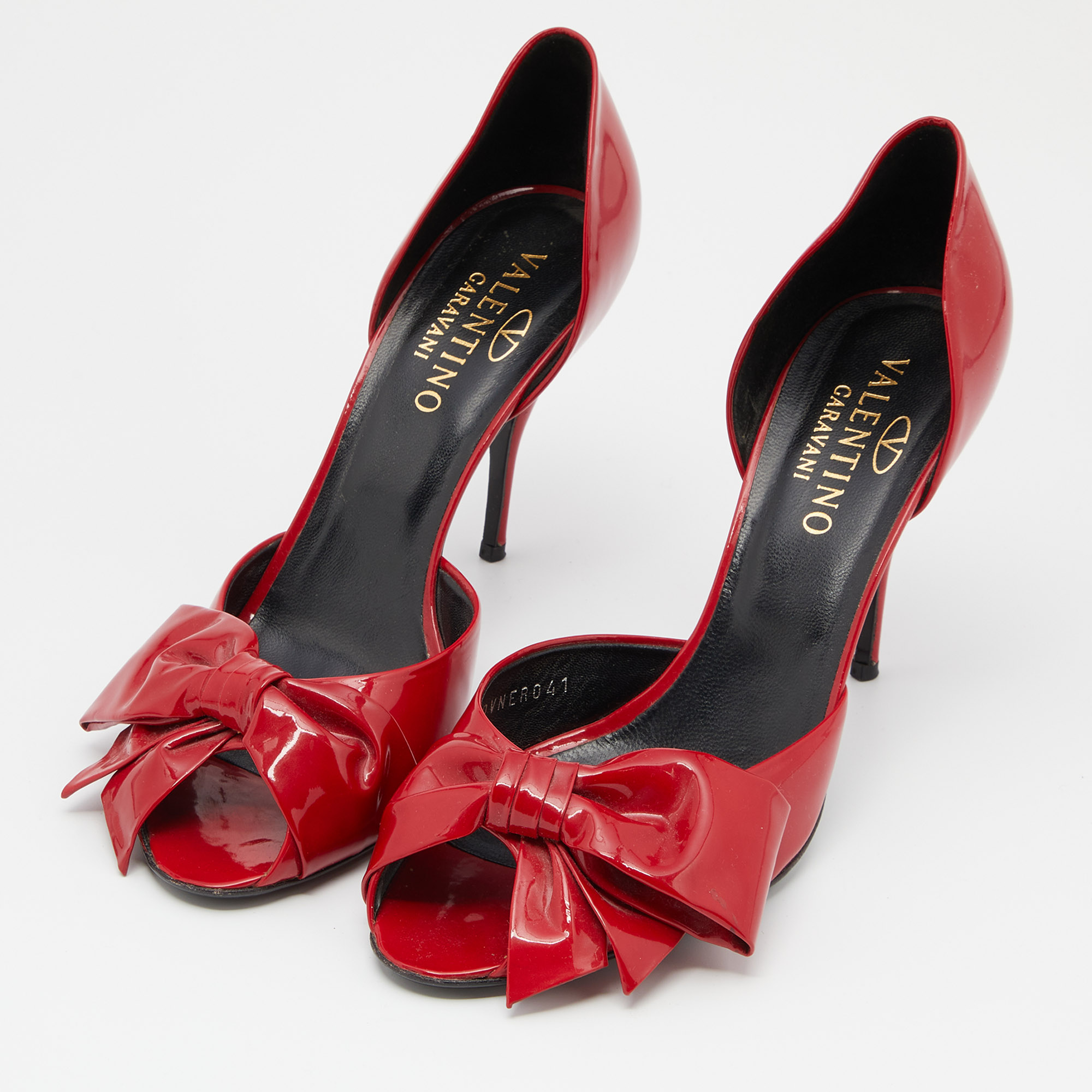 

Valentino Red Patent Leather Bow Open Toe D'orsay Pumps Size
