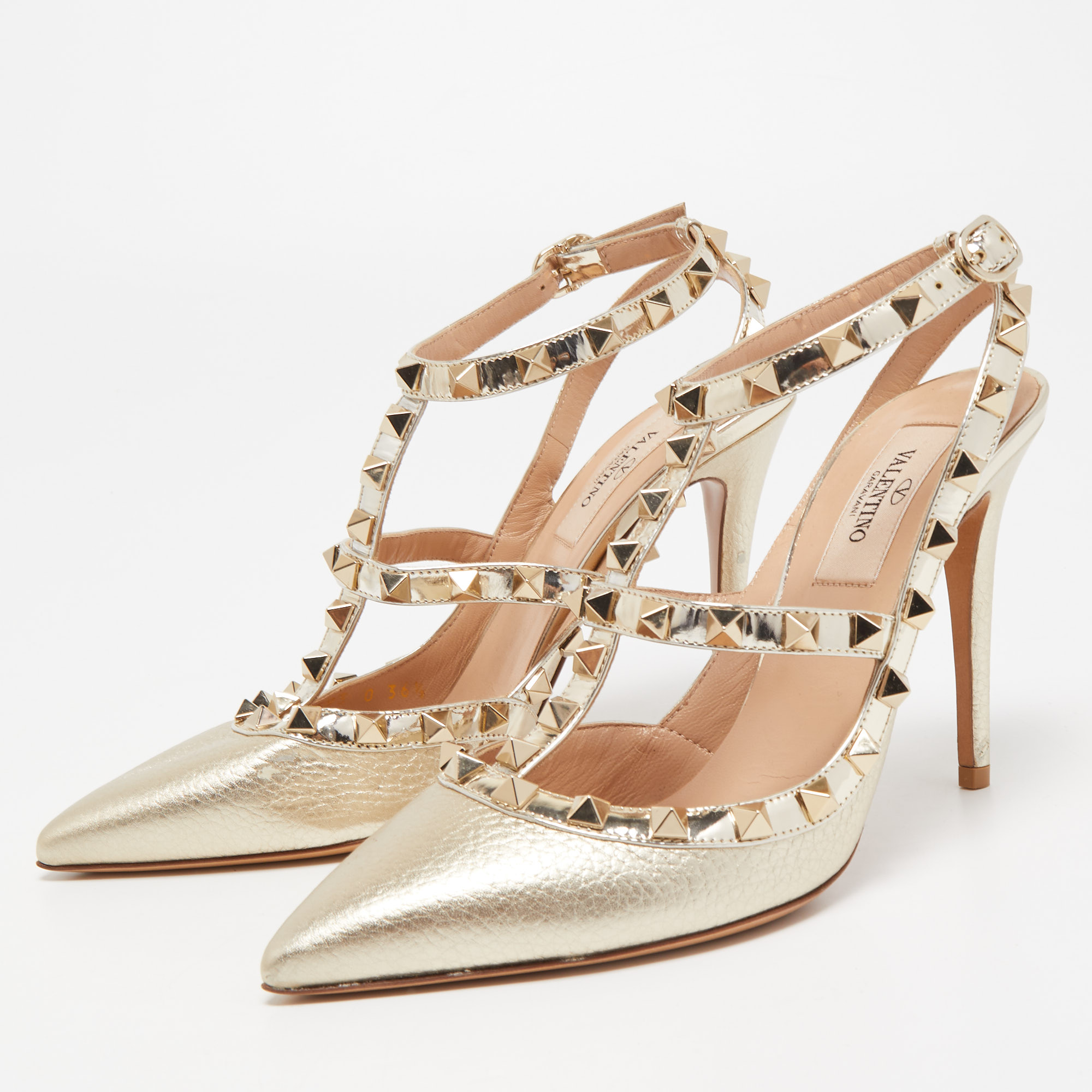 

Valentino Gold Foil Leather Rockstud Strappy Pumps Size