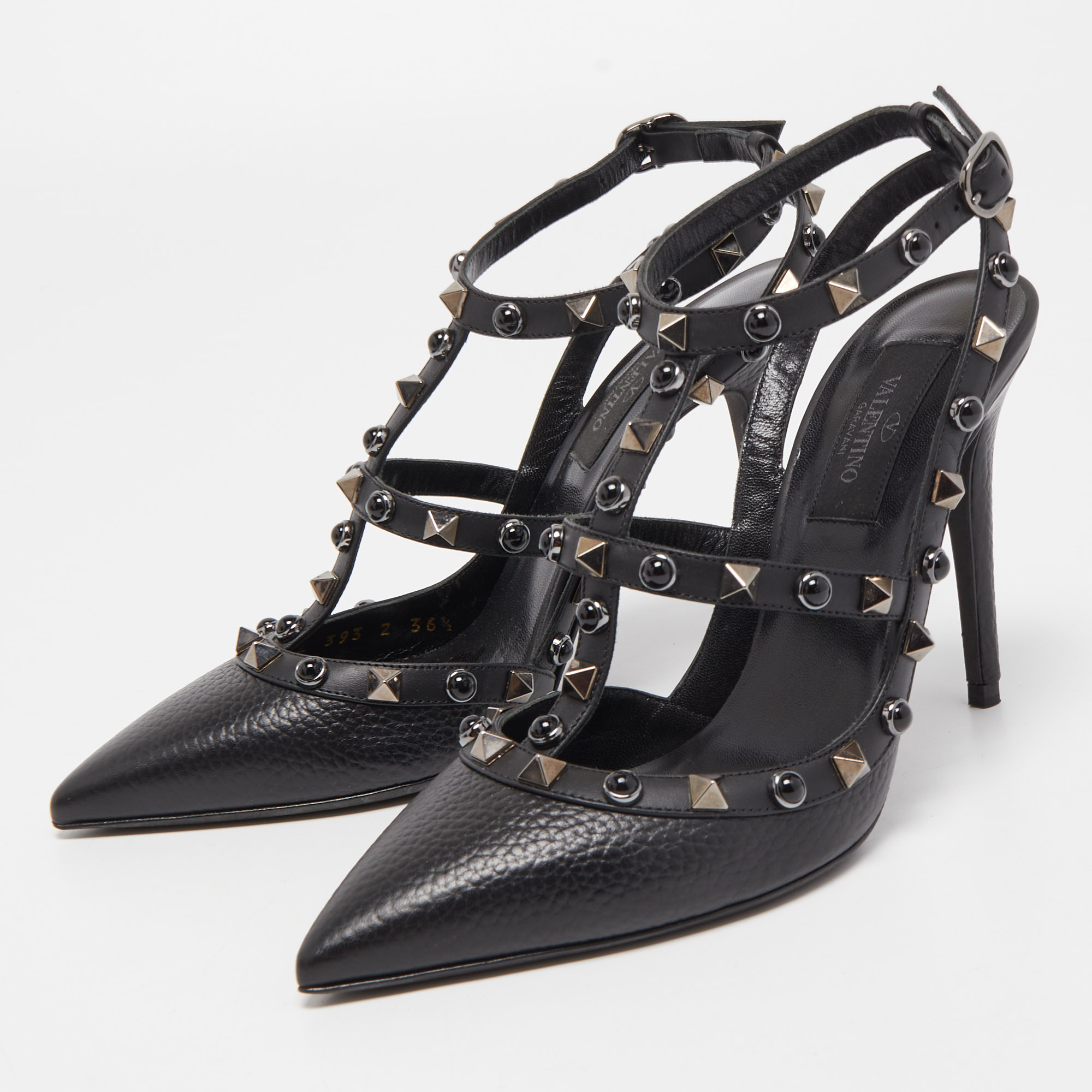 

Valentino Black Leather Rockstud Strappy Pointed Toe Pumps Size