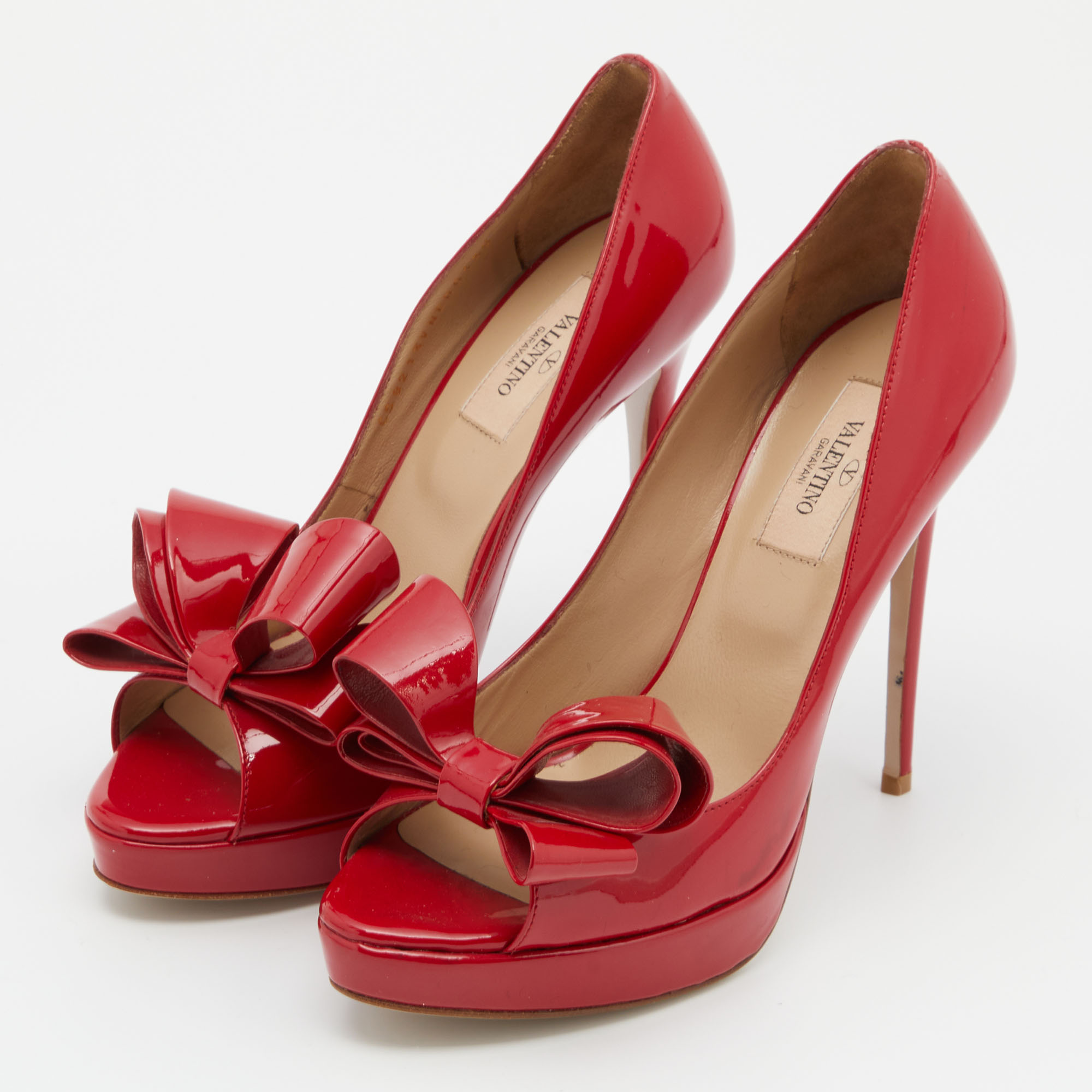 

Valentino Red Patent Leather Bow Peep Toe Platform Pumps Size
