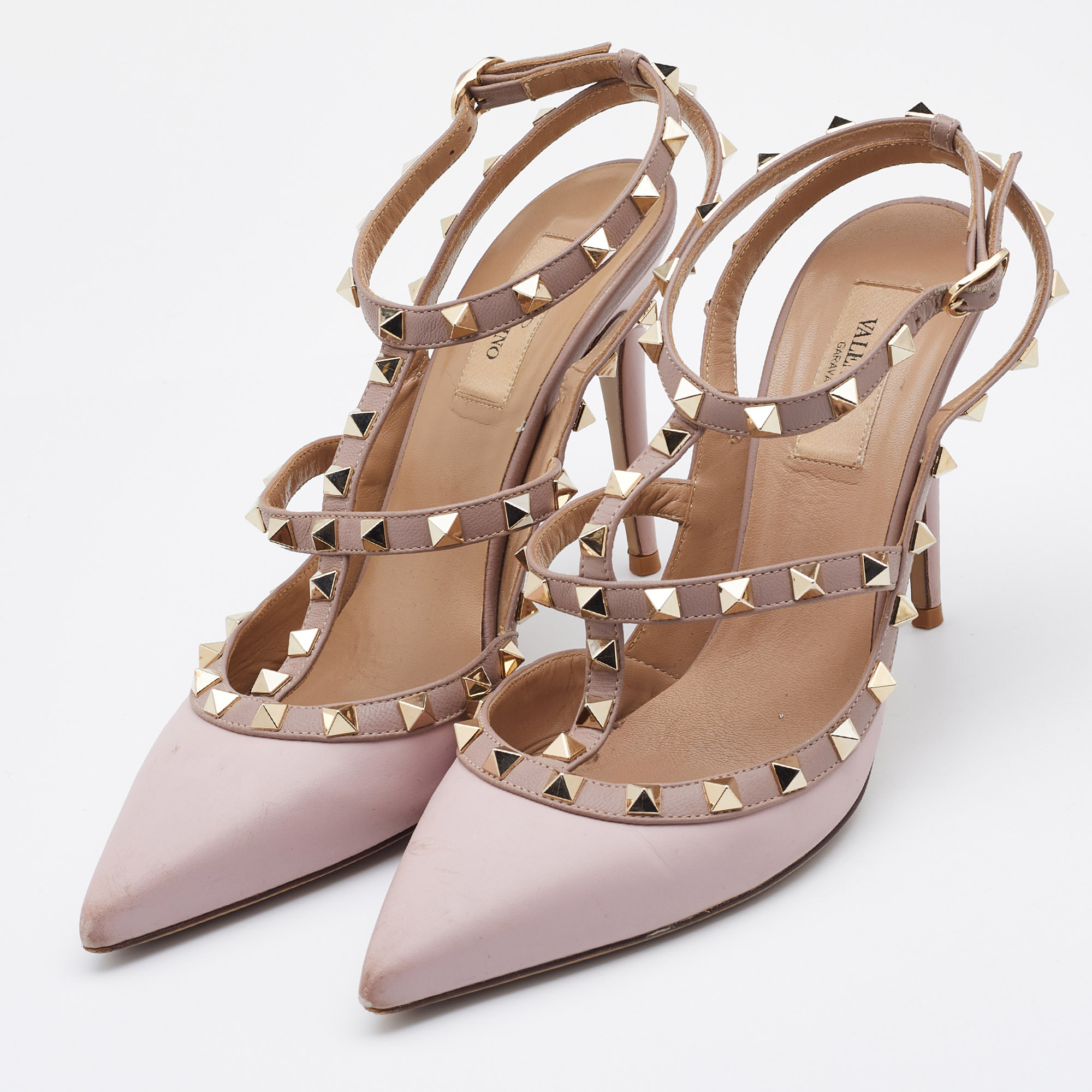 

Valentino Two Tone Leather Rockstud Ankle Strap Pumps Size, Pink