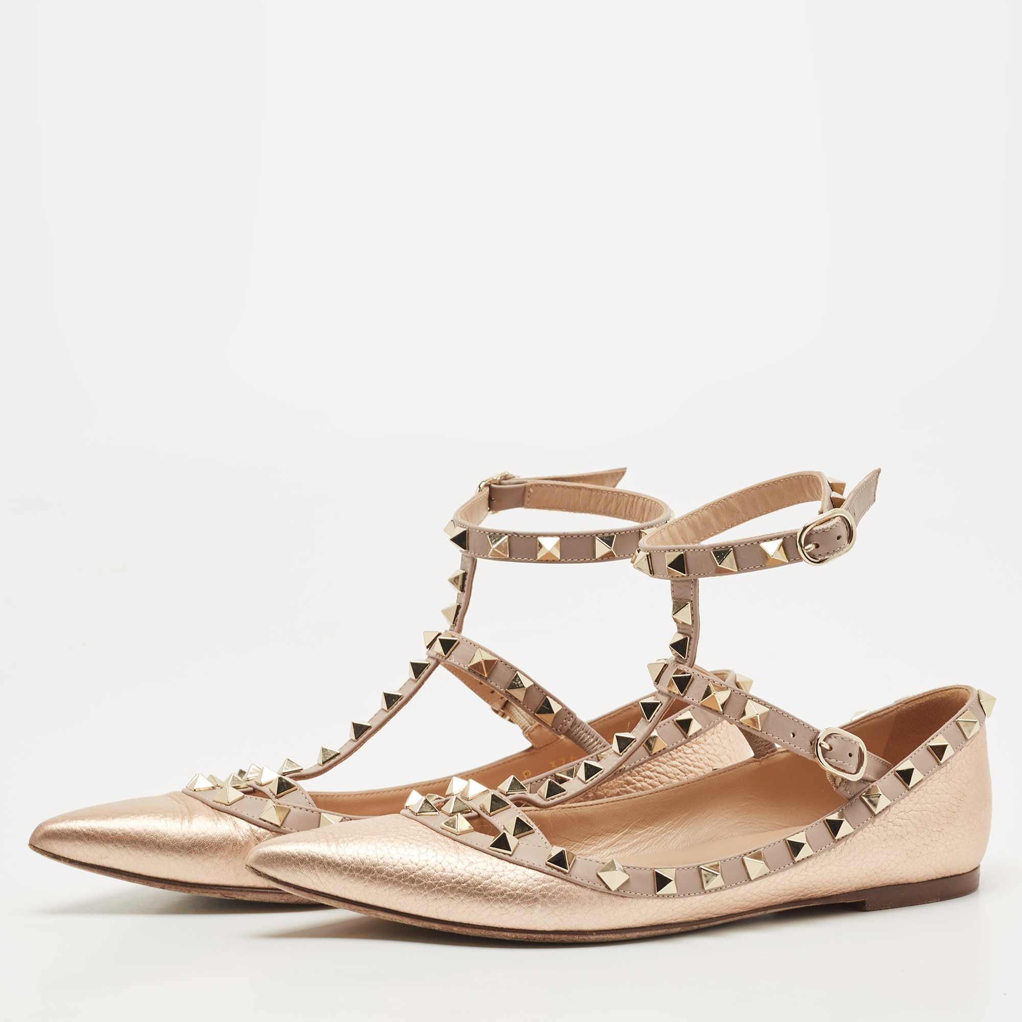 

Valentino Rose Gold/Pink Leather Rockstud Ankle Strap Ballet Flats Size
