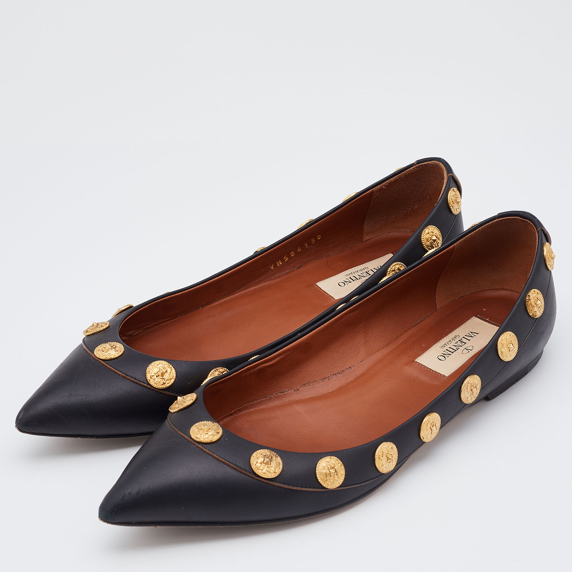 

Valentino Black Leather Coin Embellished Pointed Toe Ballet Flats Size