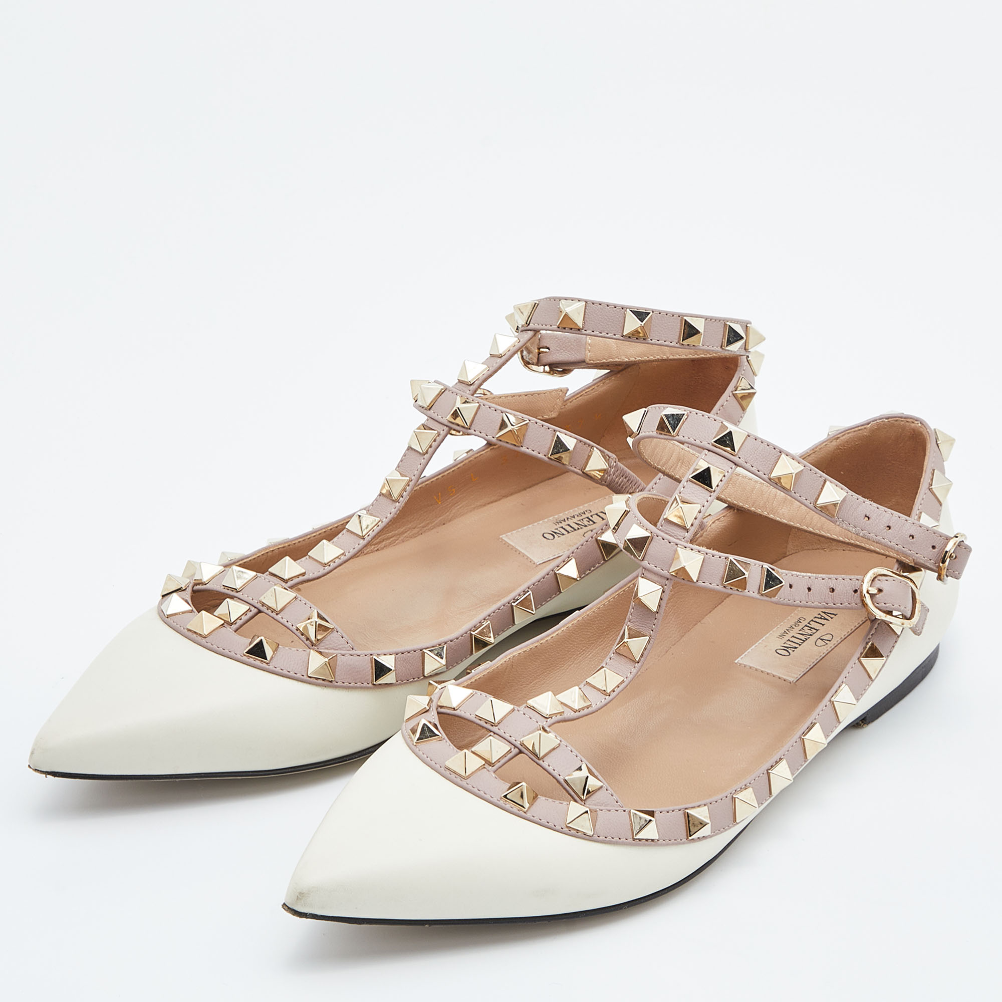 

Valentino Cream/Pink Leather Rockstud Ankle-Strap Ballet Flats Size