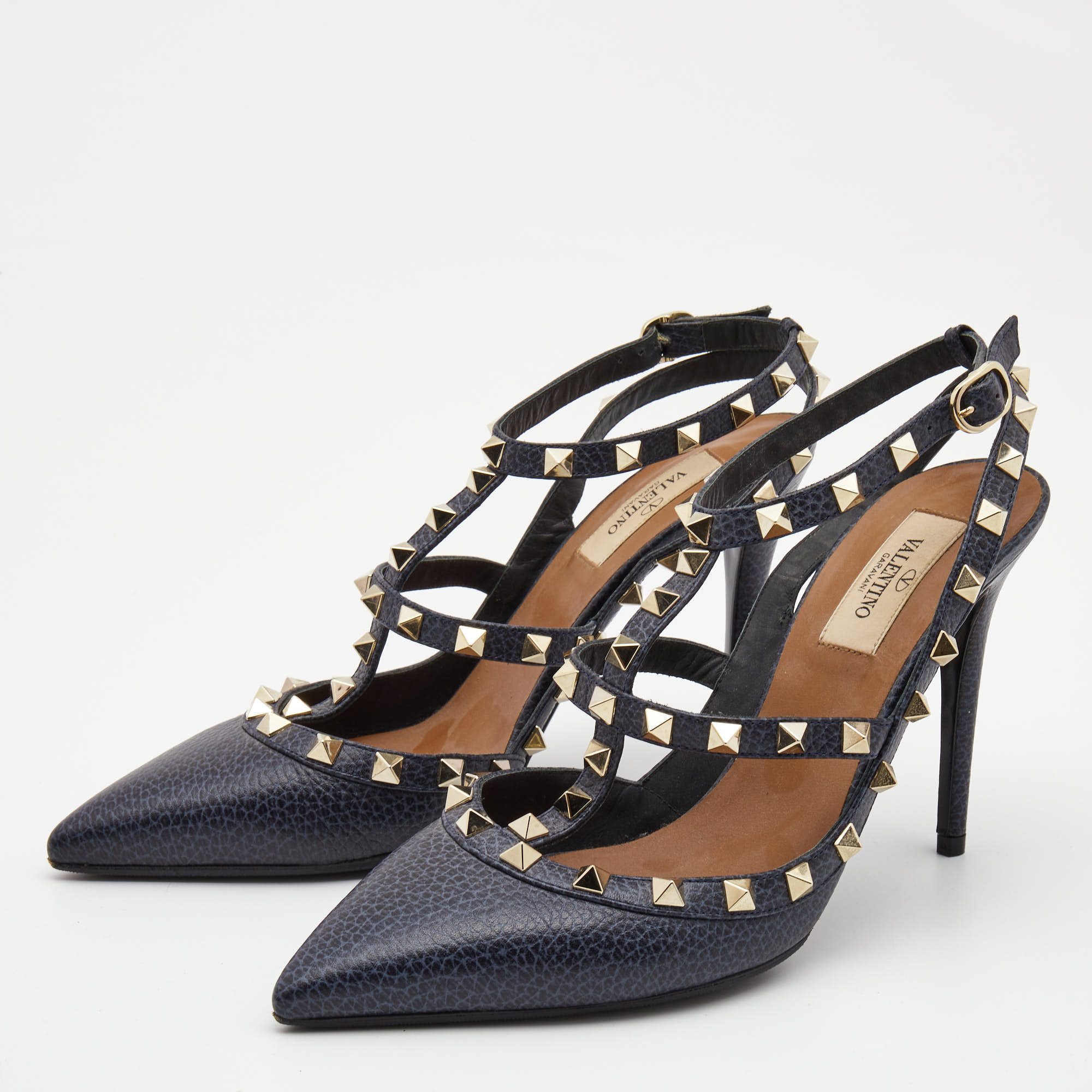 

Valentino Navy Blue Leather Rockstud Ankle Strap Pumps Size