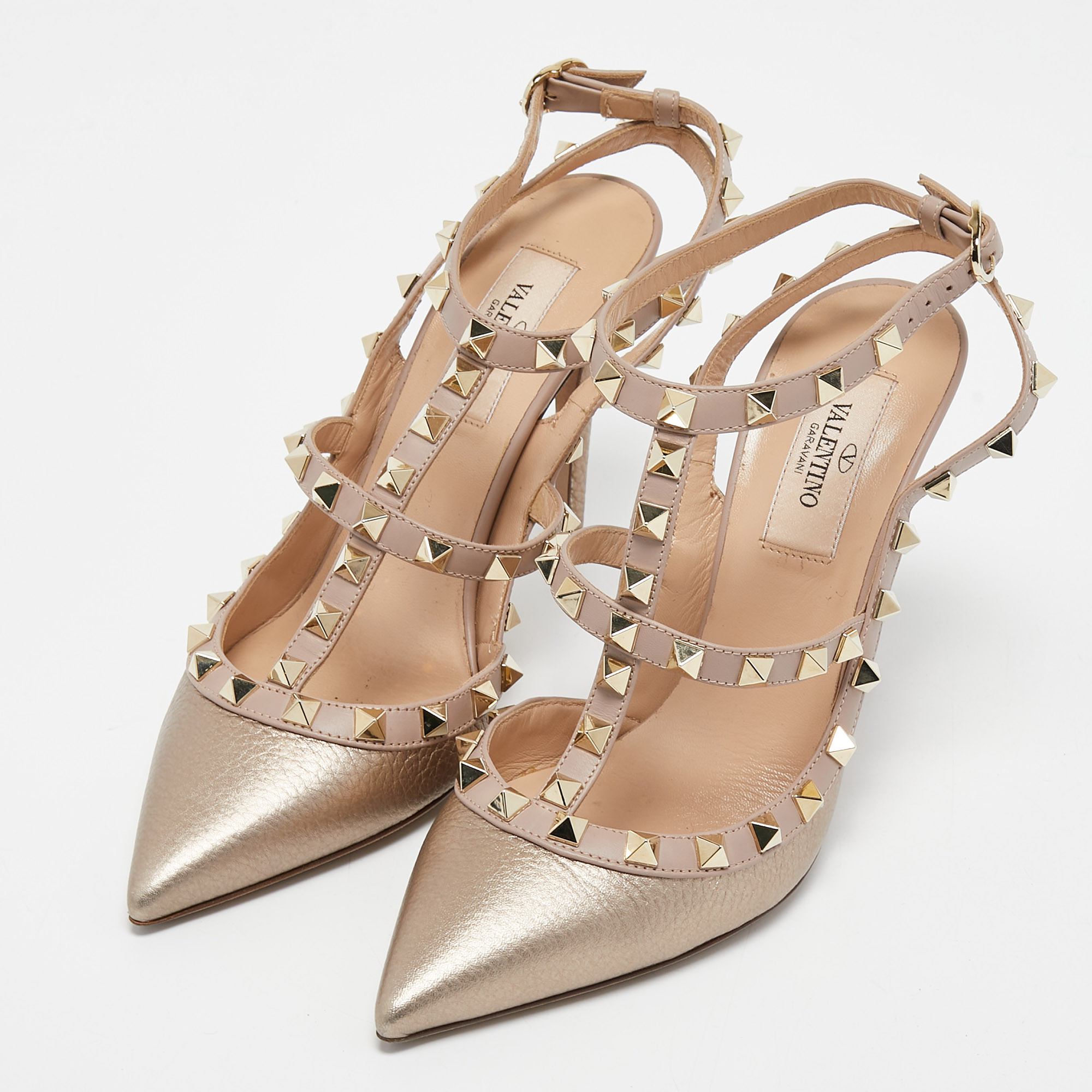 

Valentino Metallic Dusty Pink Leather Rockstud Ankle Strap Pumps Size