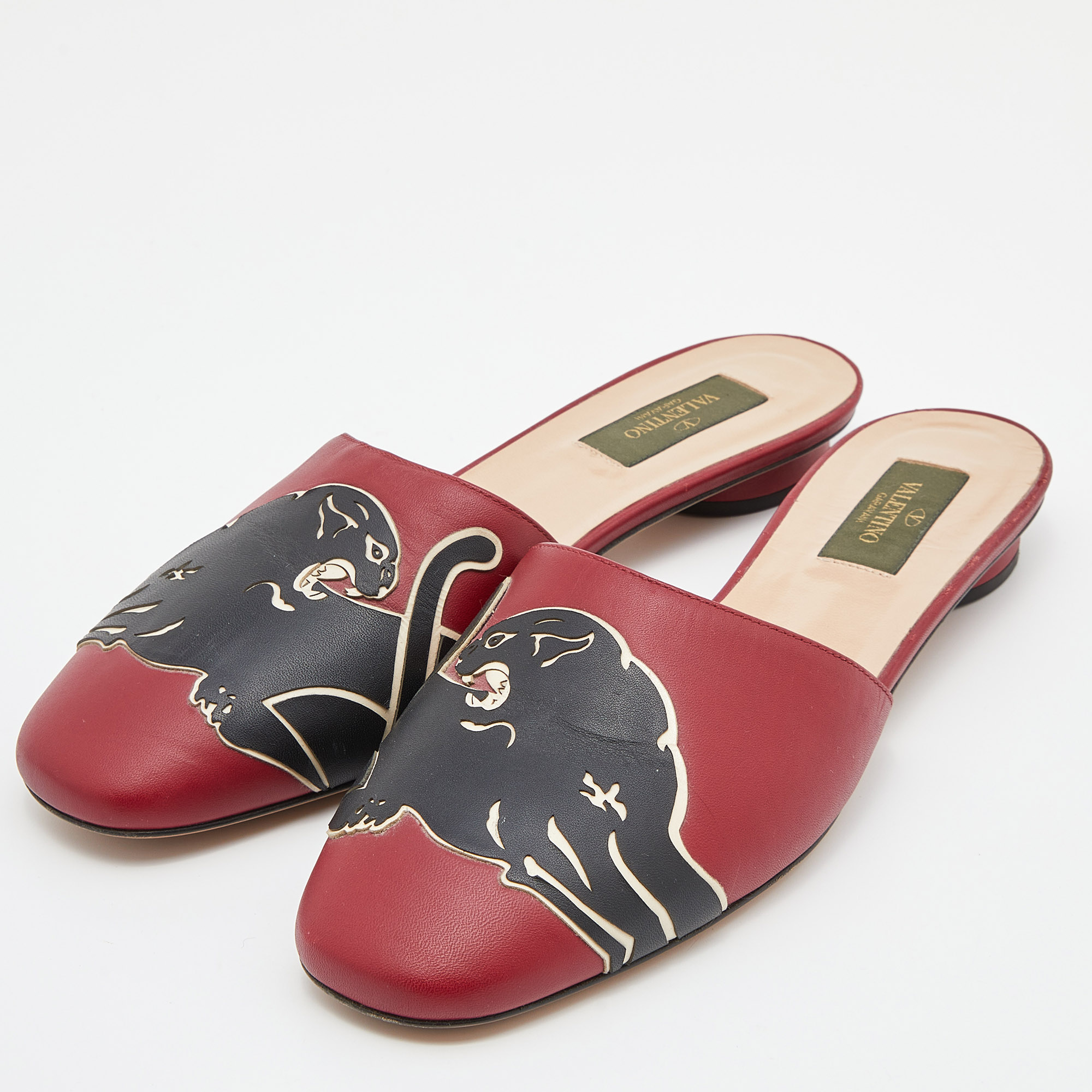 

Valentino Red/Black Leather Panther Flat Mules Size