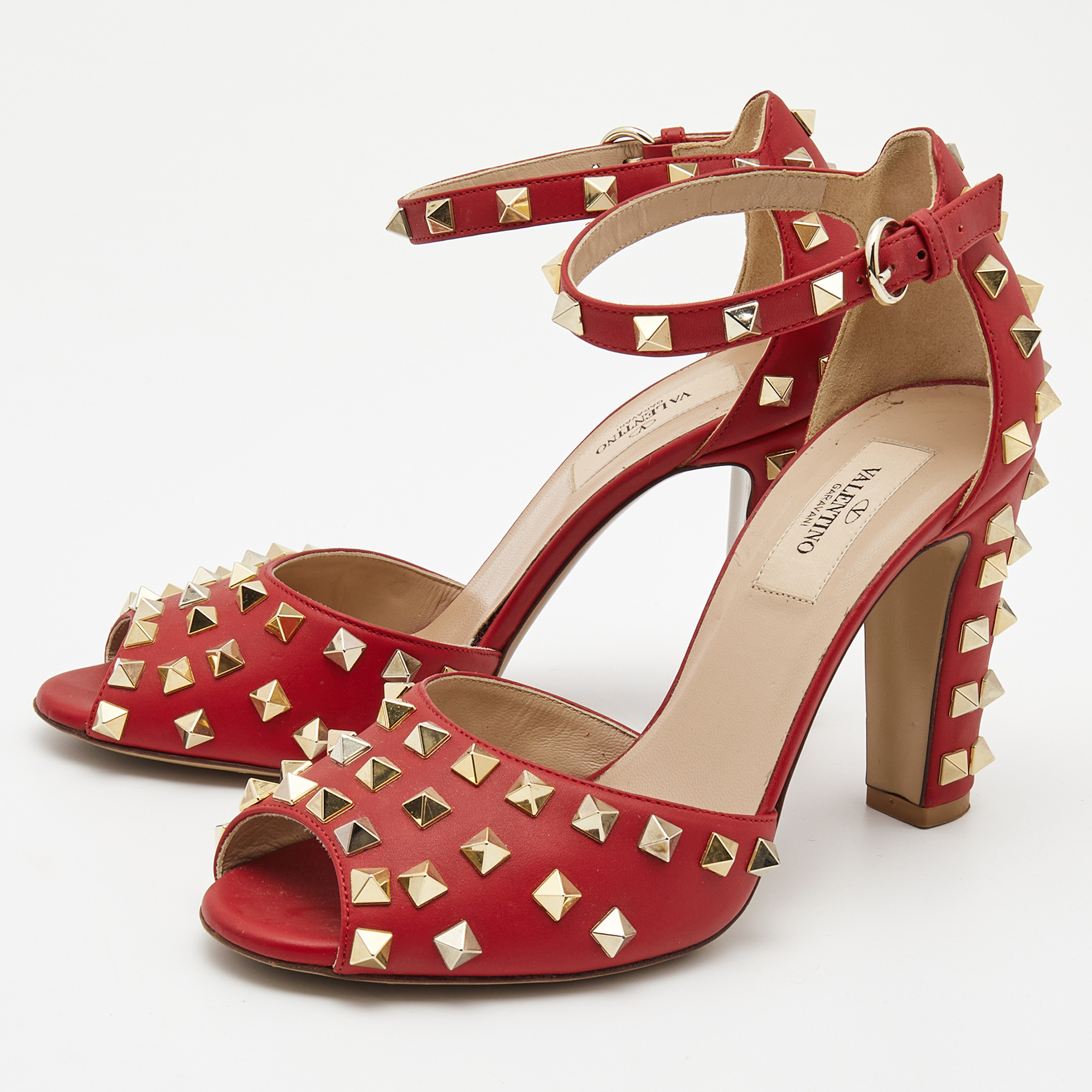 

Valentino Red Leather Rockstud Ankle Strap Sandals Size