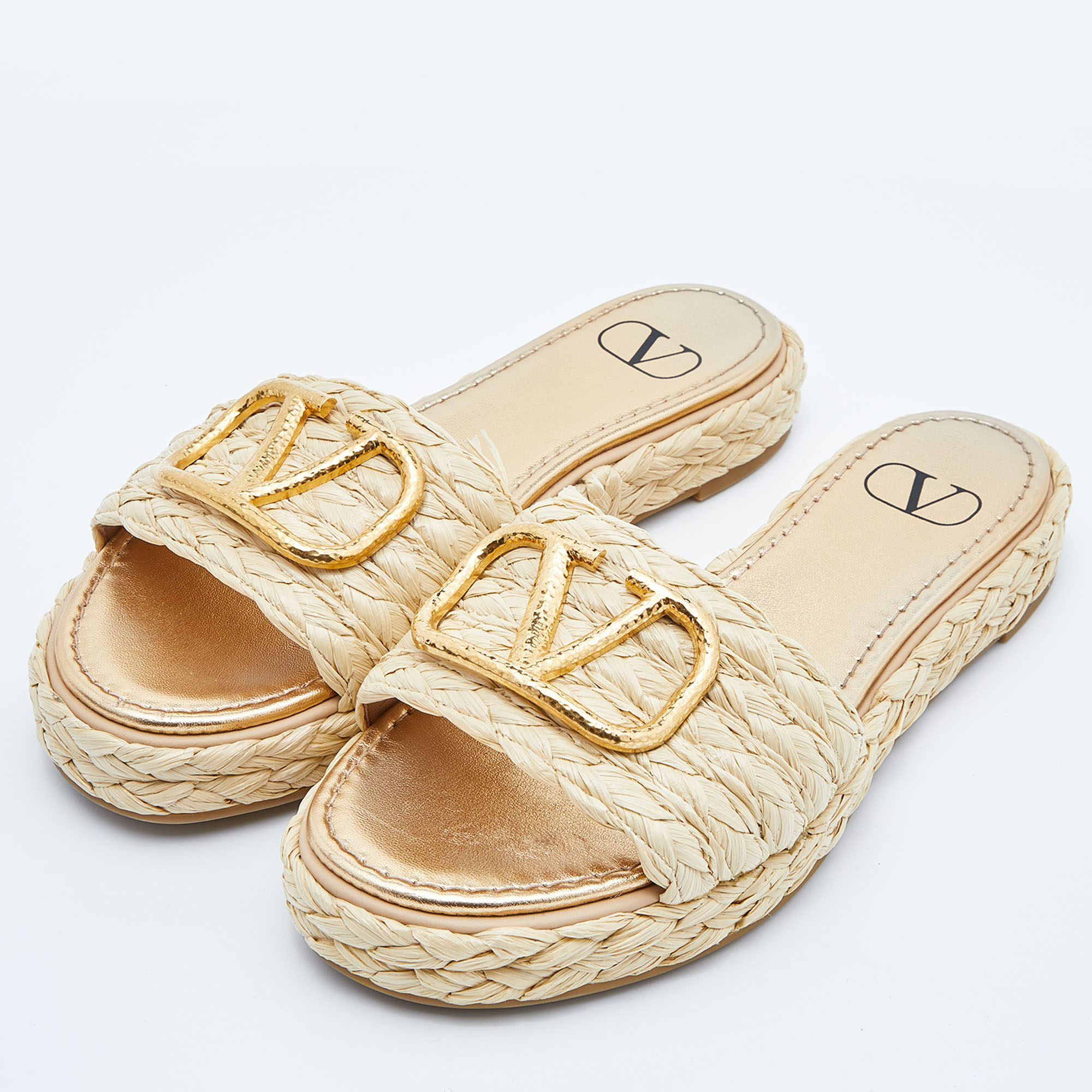 

Valentino Beige Raffia Escape V logo Espadrille Flats Size