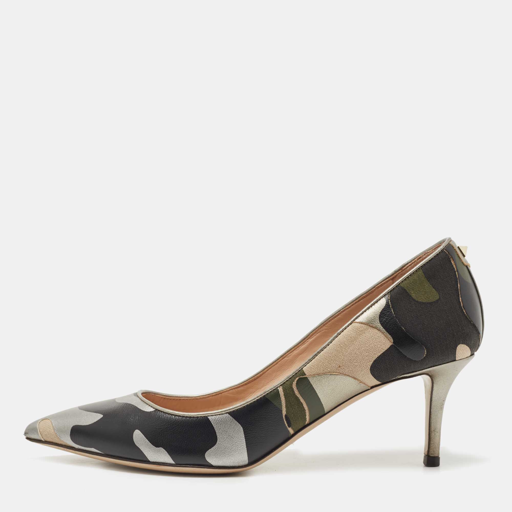 Pre-owned Valentino Garavani Tricolor Camo Print Leather And Canvas Pointed Toe Pumps Size 38.5 In Green