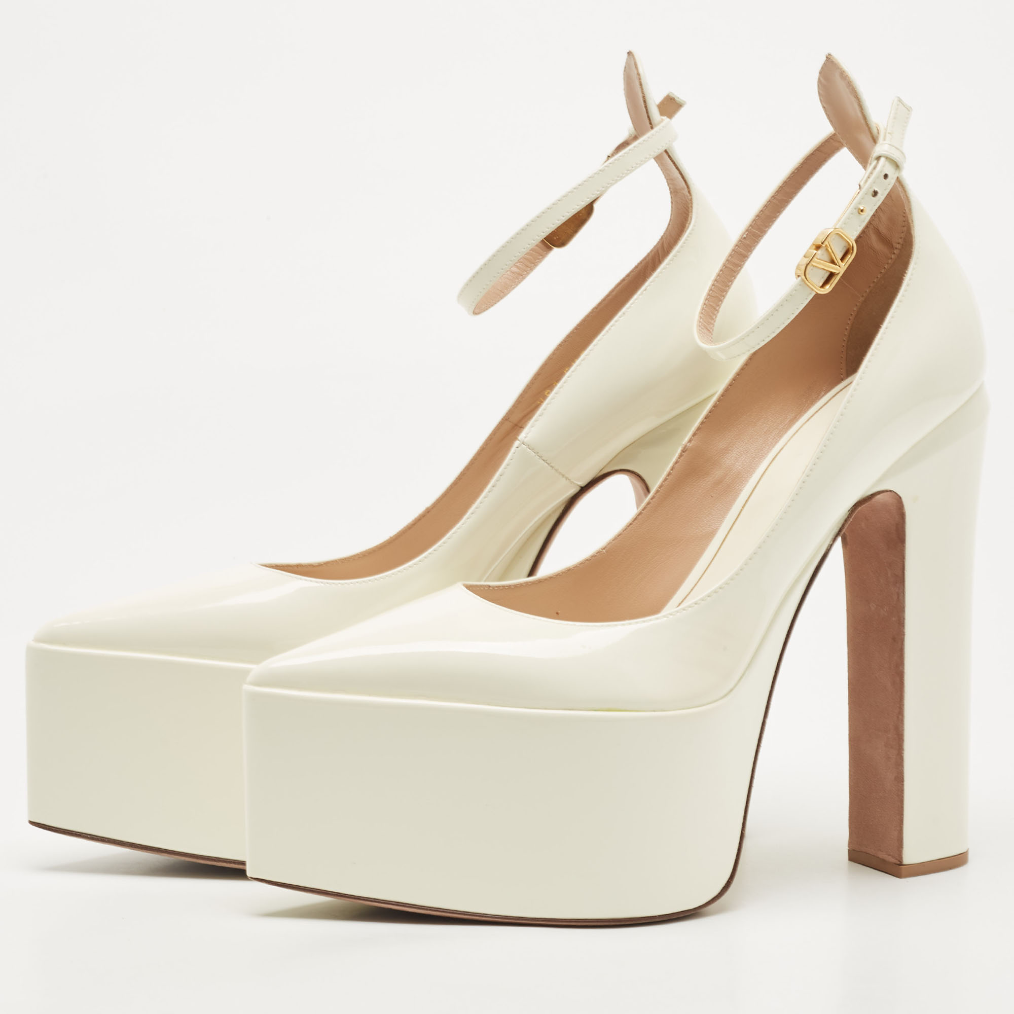 

Valentino White Patent Leather Tan-Go Platform Block Heel Ankle Strap Pumps Size